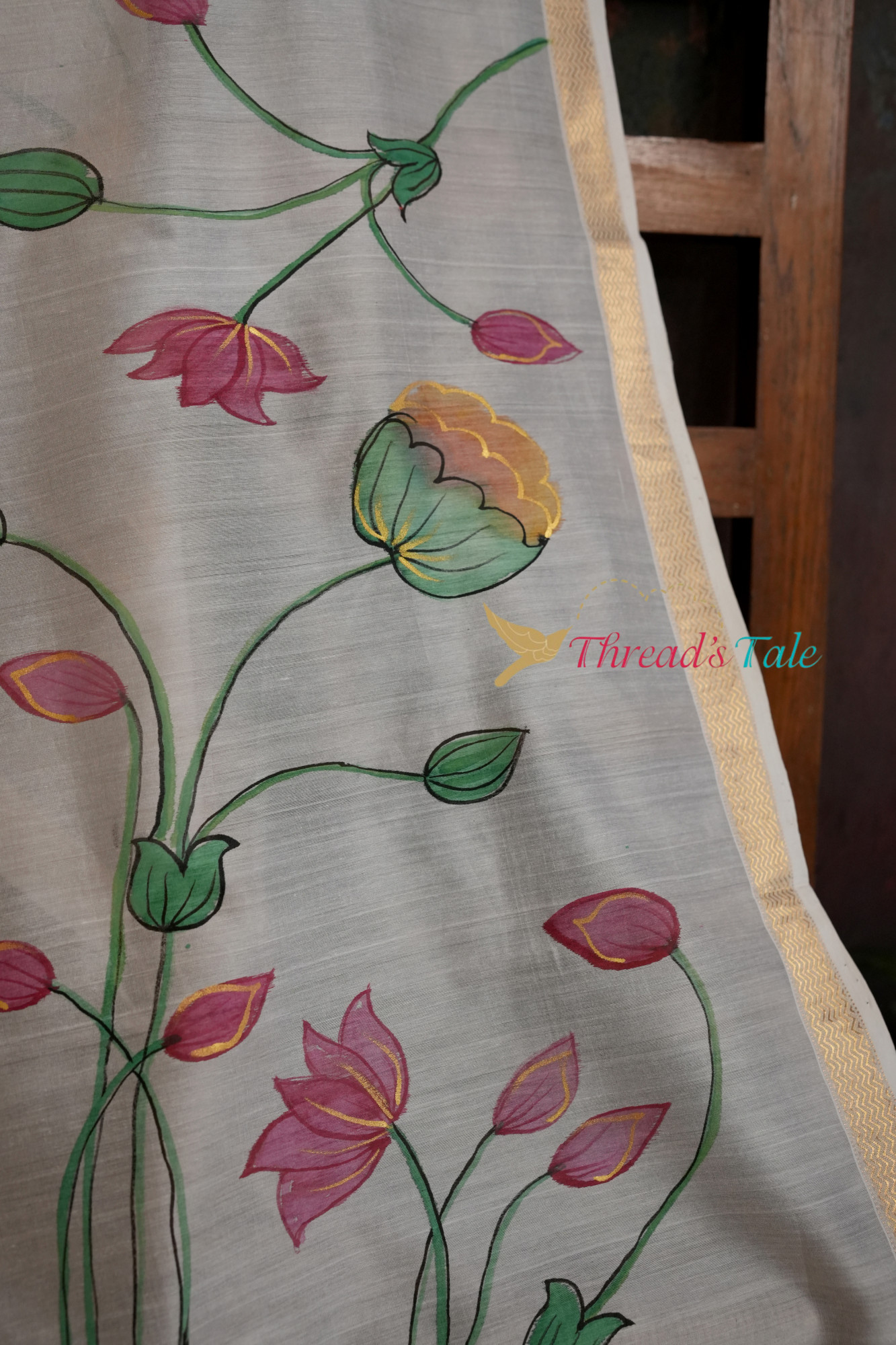White Handpainted Floral Silk-Cotton Dupatta
