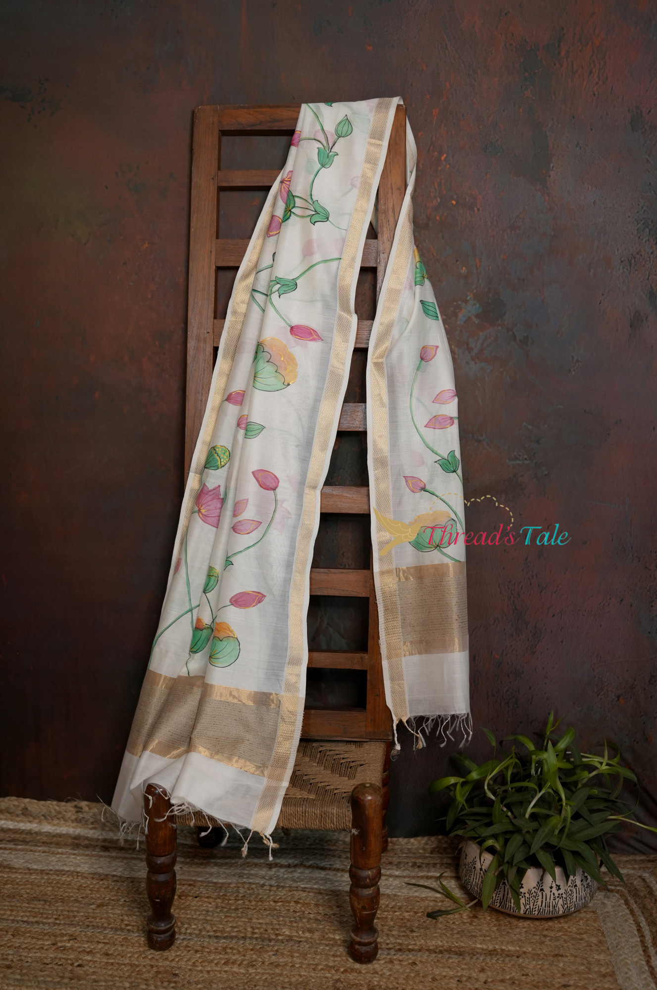 White Handpainted Floral Silk-Cotton Dupatta