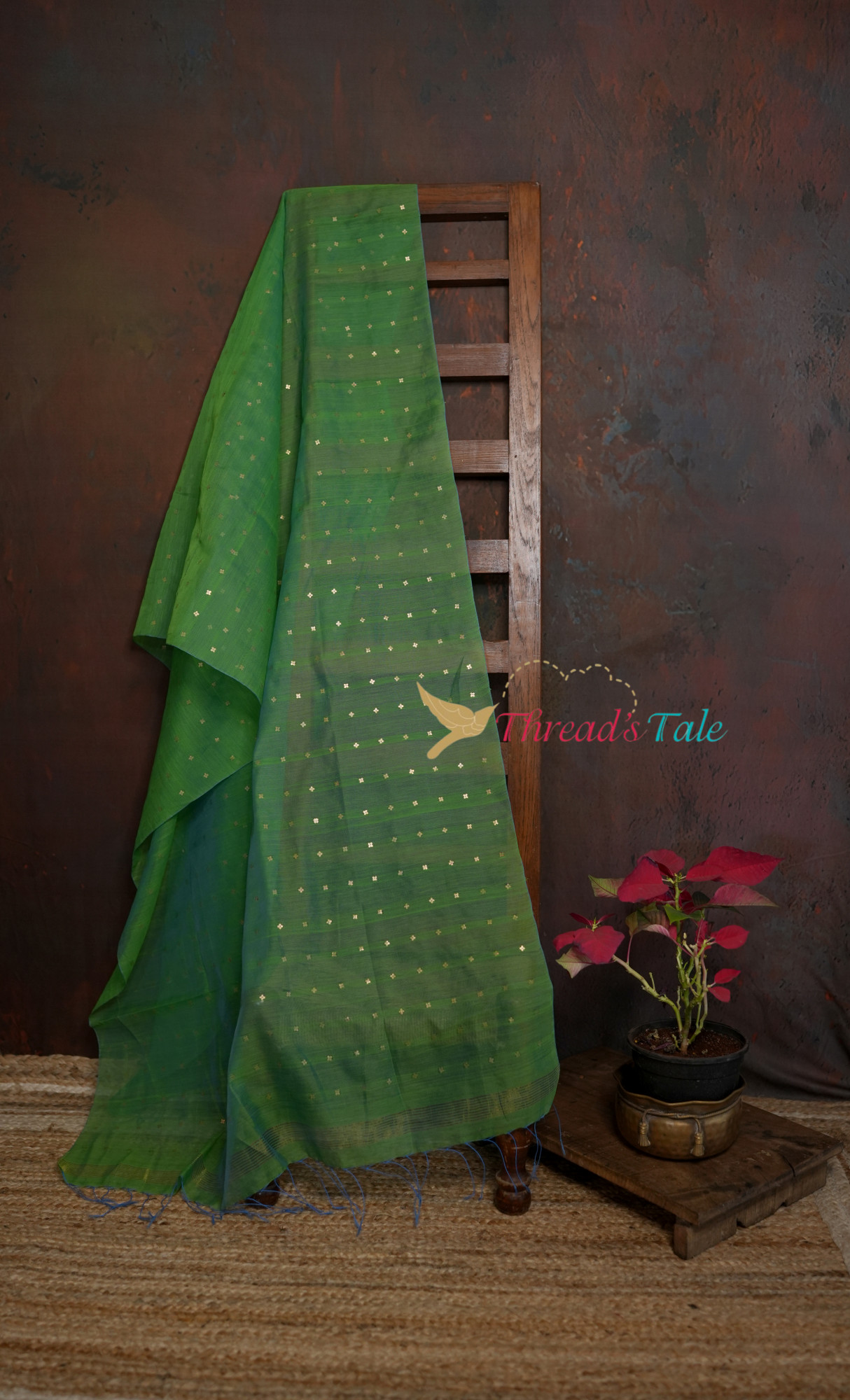 Green Silk-Cotton Handwoven Dupatta With Sequins