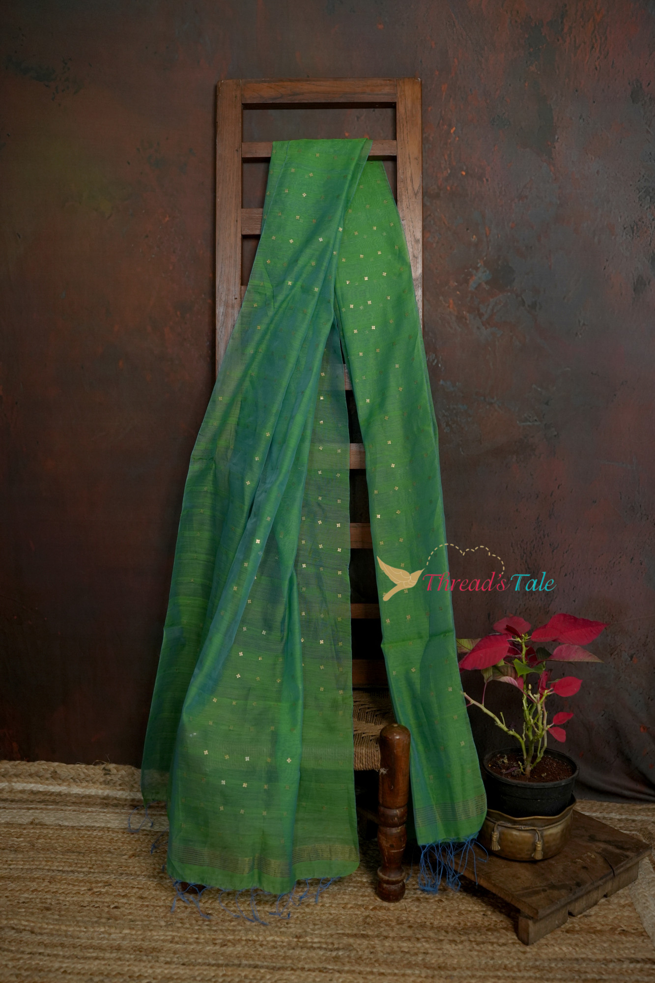 Green Silk-Cotton Handwoven Dupatta With Sequins
