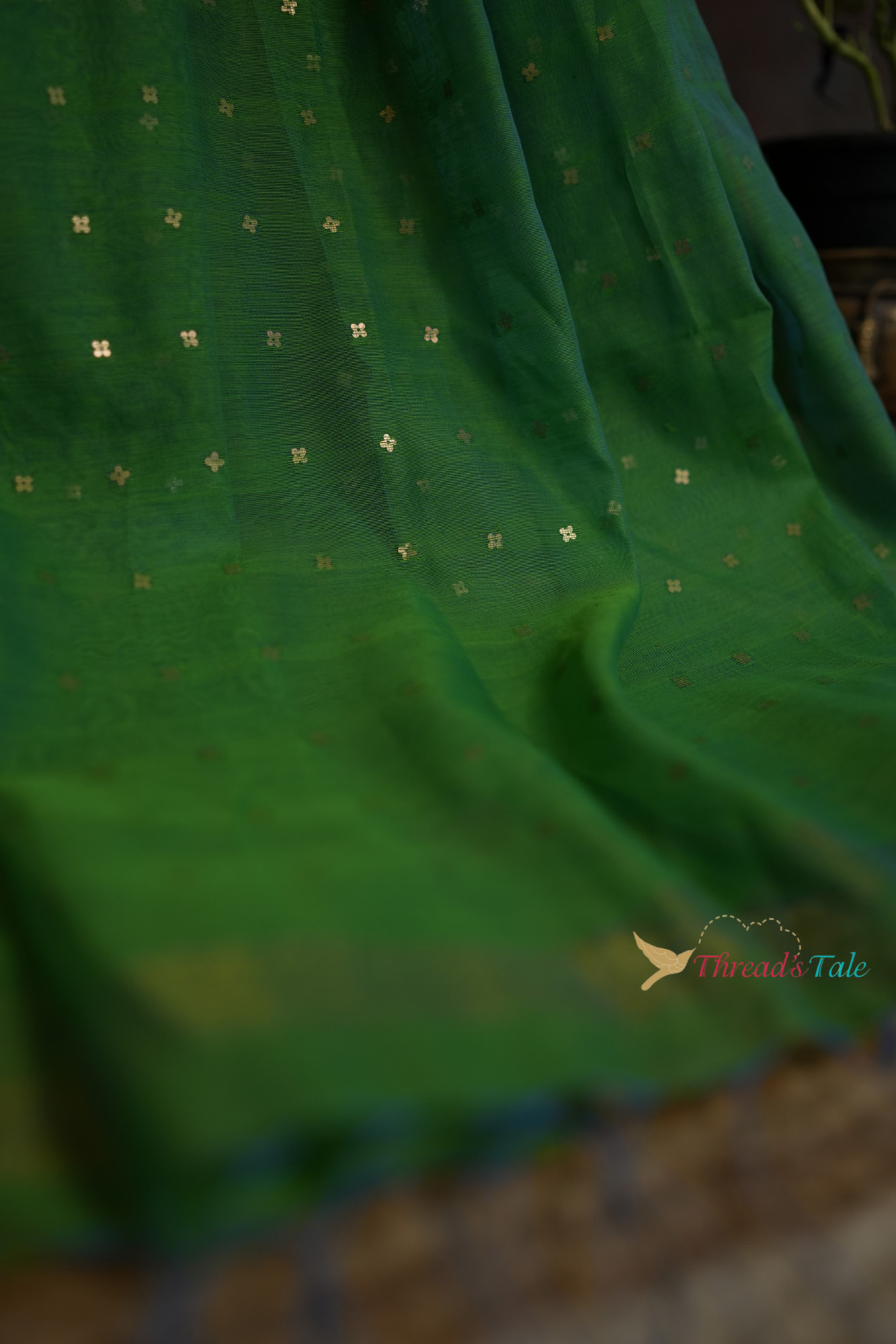 Green Silk-Cotton Handwoven Dupatta With Sequins