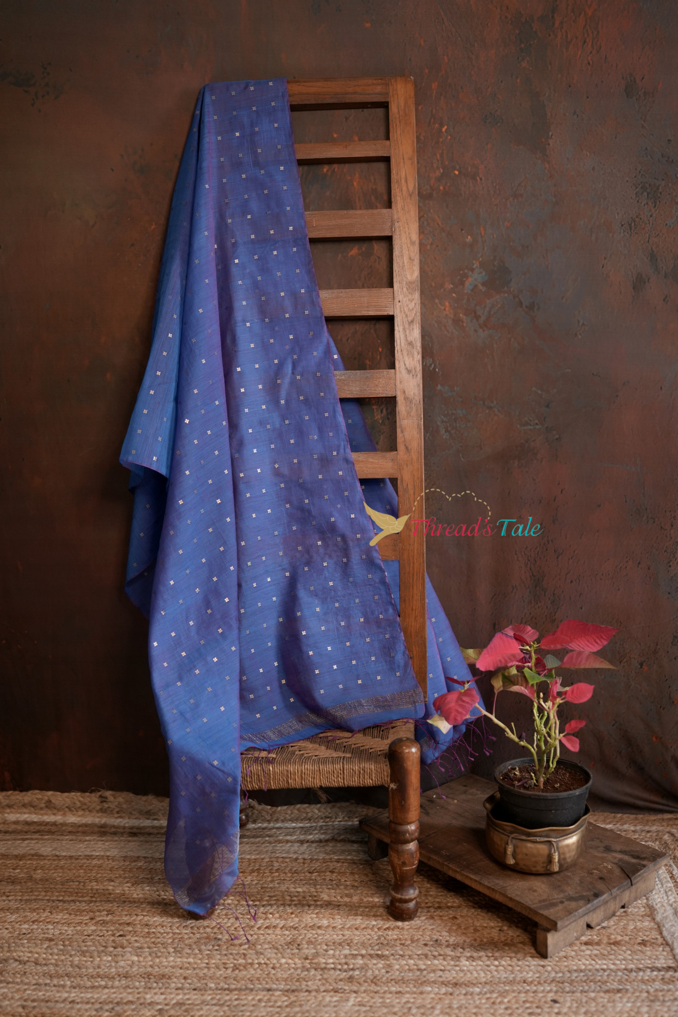 Blue Silk-Cotton Handwoven Dupatta With Sequins
