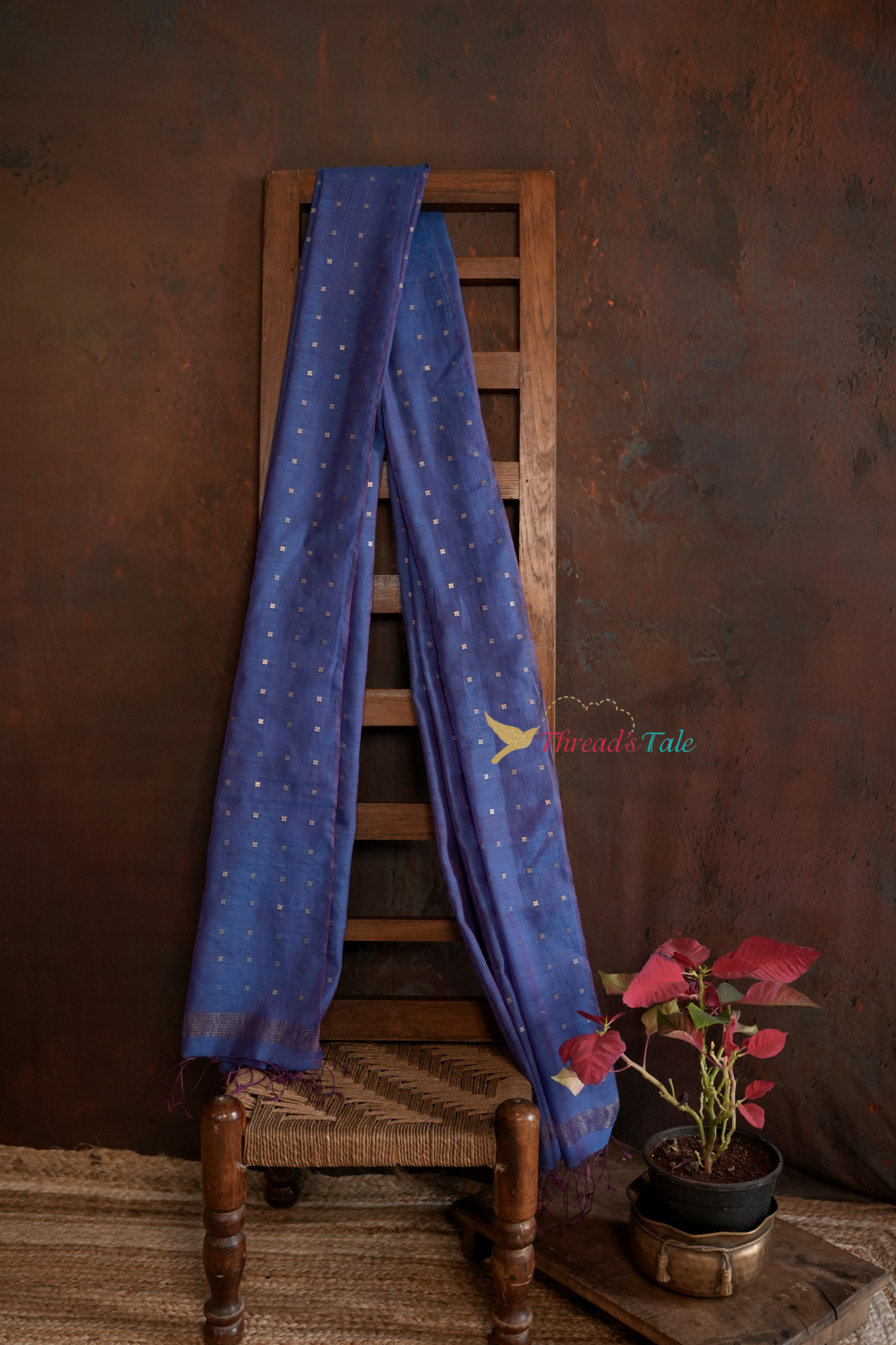 Blue Silk-Cotton Handwoven Dupatta With Sequins
