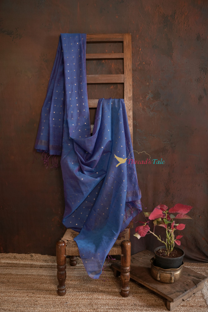 Image of Blue Silk-Cotton Handwoven Dupatta With Sequins