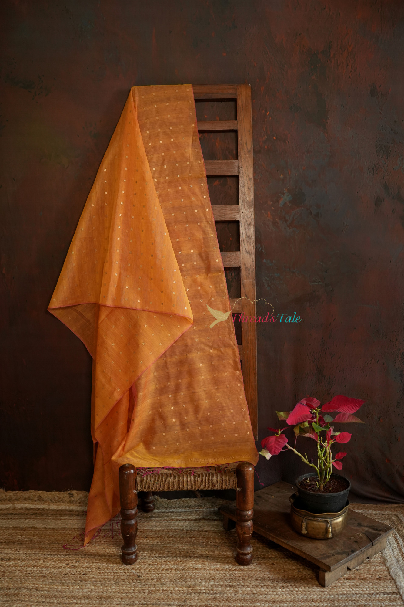 Orange Pink Dual Silk-Cotton Handwoven Dupatta With Sequins