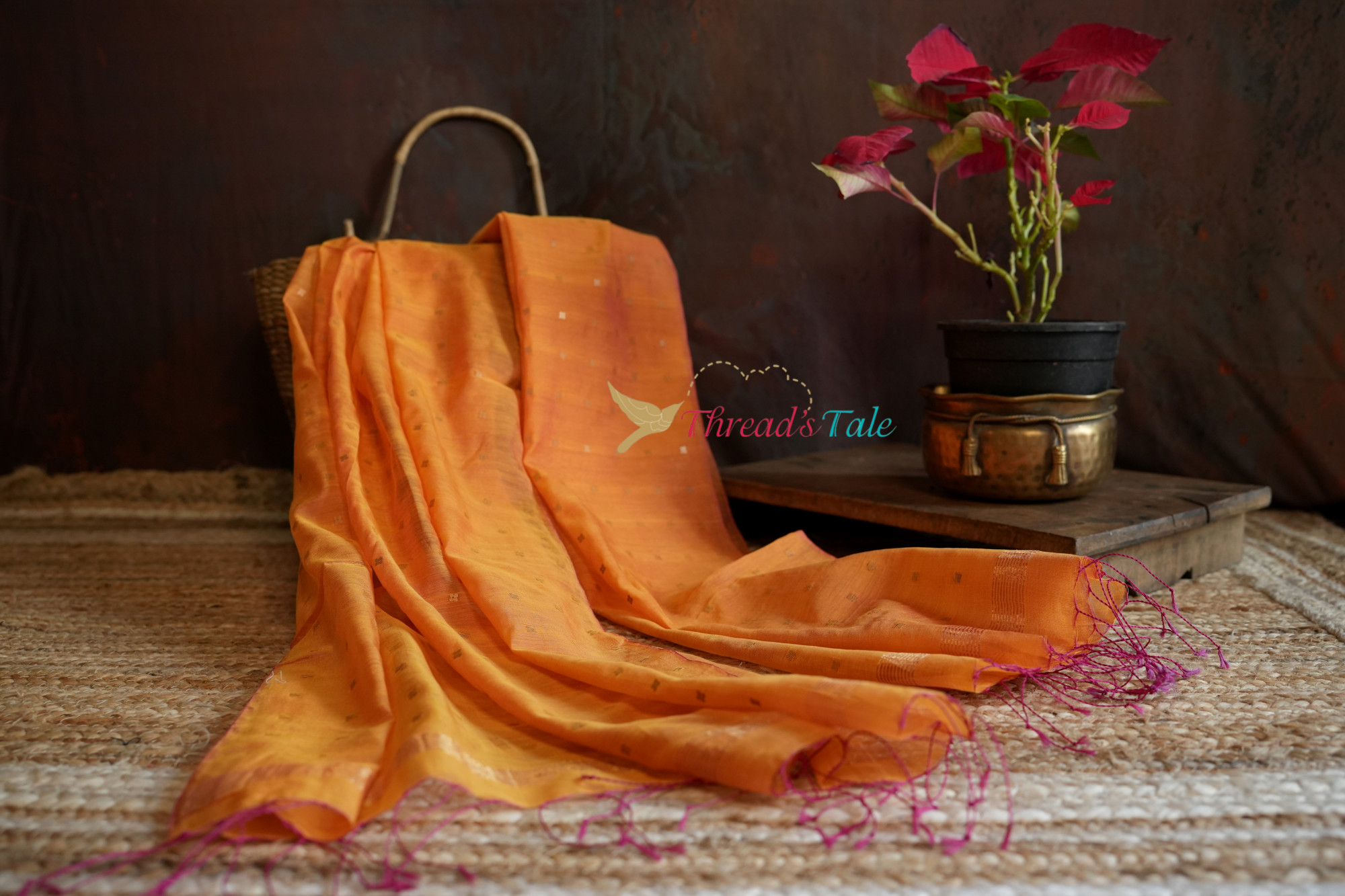 Orange Pink Dual Silk-Cotton Handwoven Dupatta With Sequins