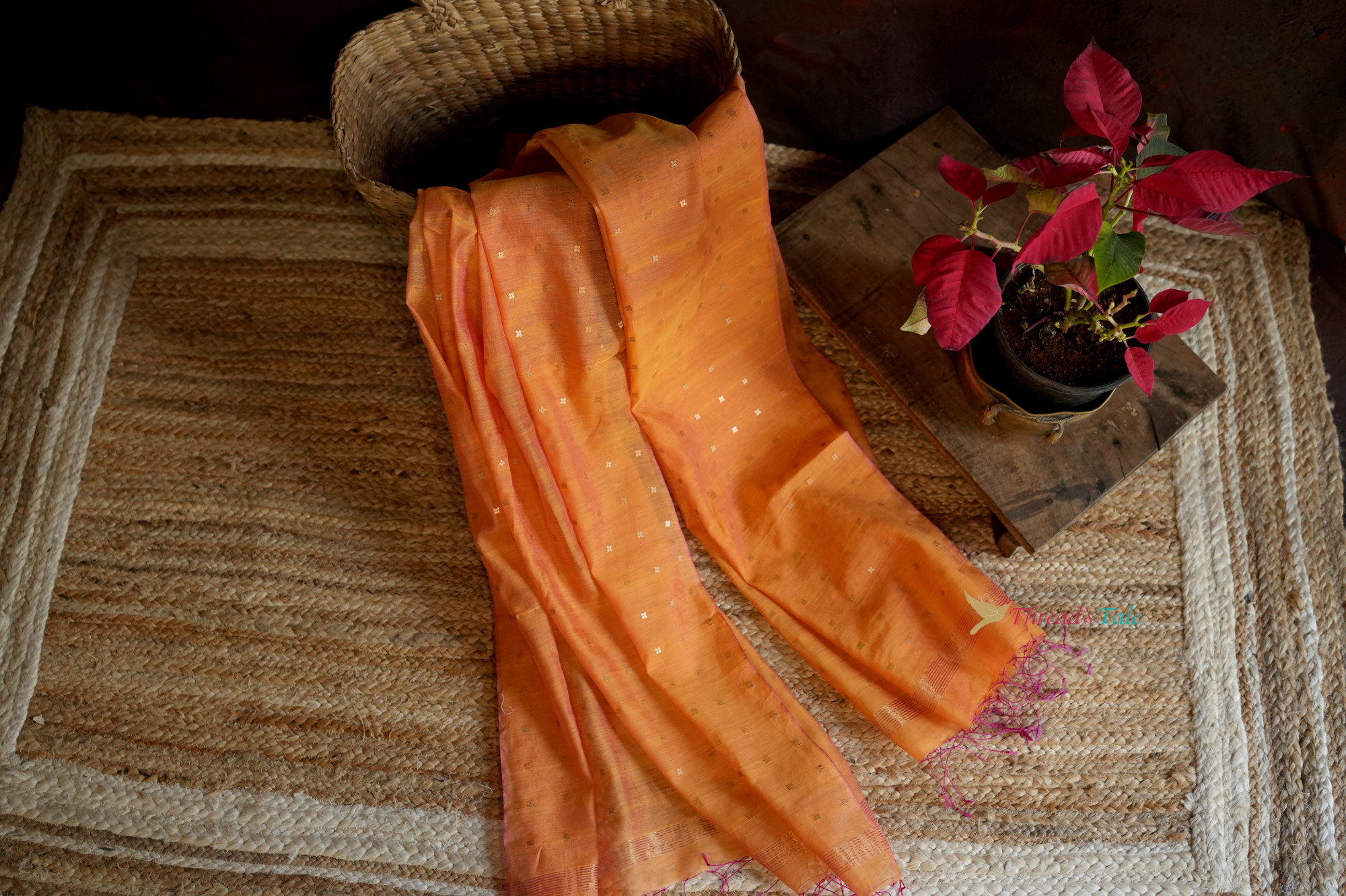 Orange Pink Dual Silk-Cotton Handwoven Dupatta With Sequins
