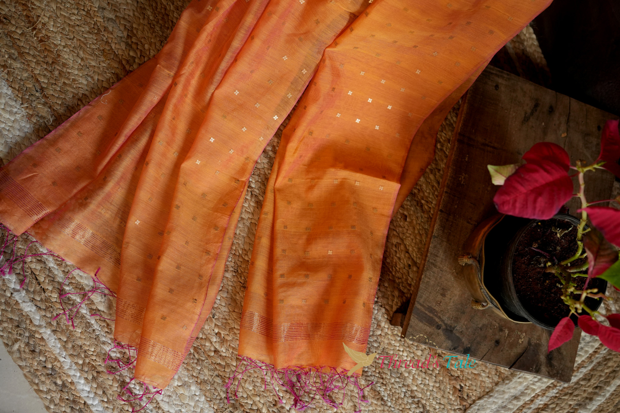 Orange Pink Dual Silk-Cotton Handwoven Dupatta With Sequins