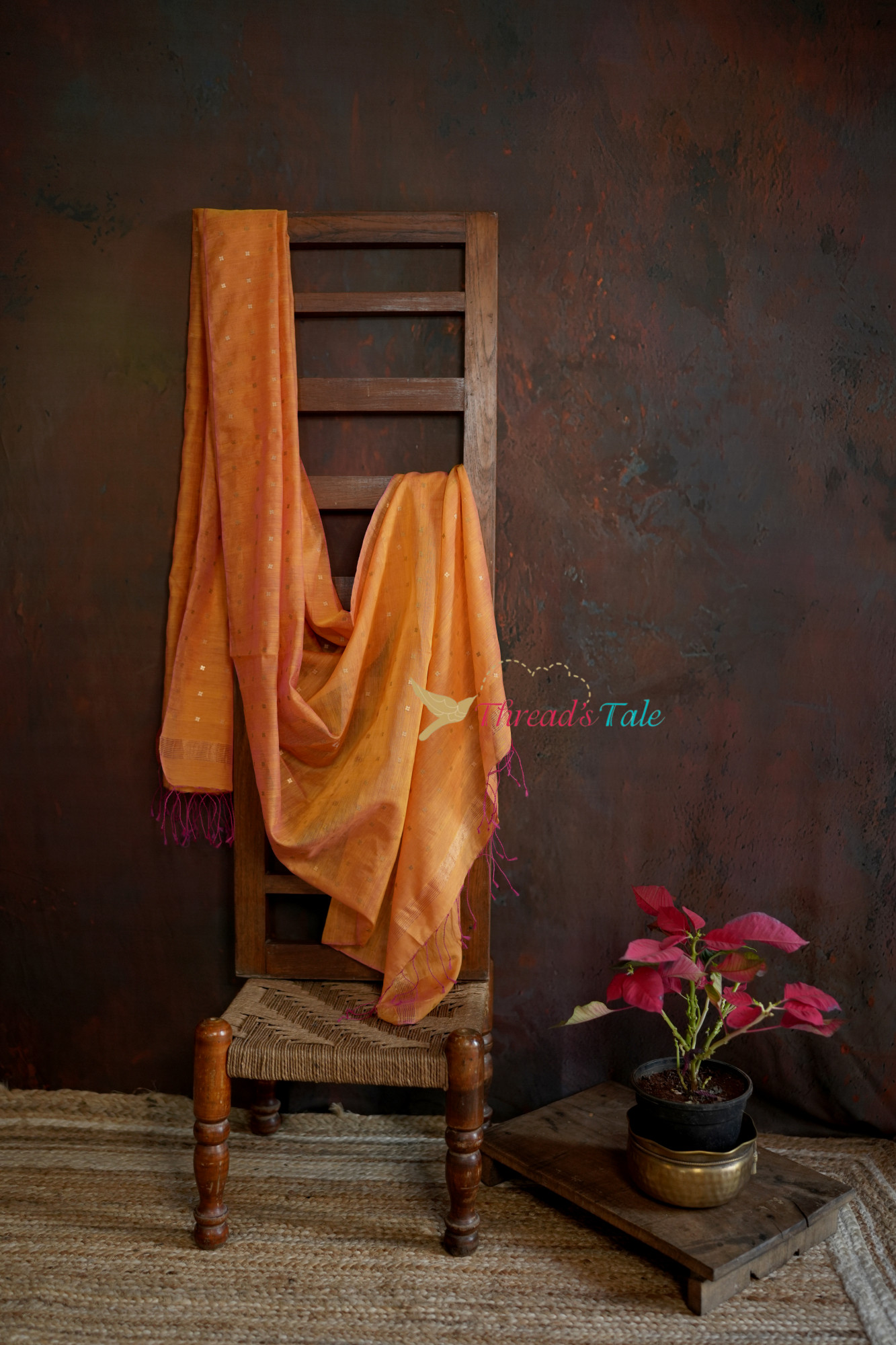 Orange Pink Dual Silk-Cotton Handwoven Dupatta With Sequins