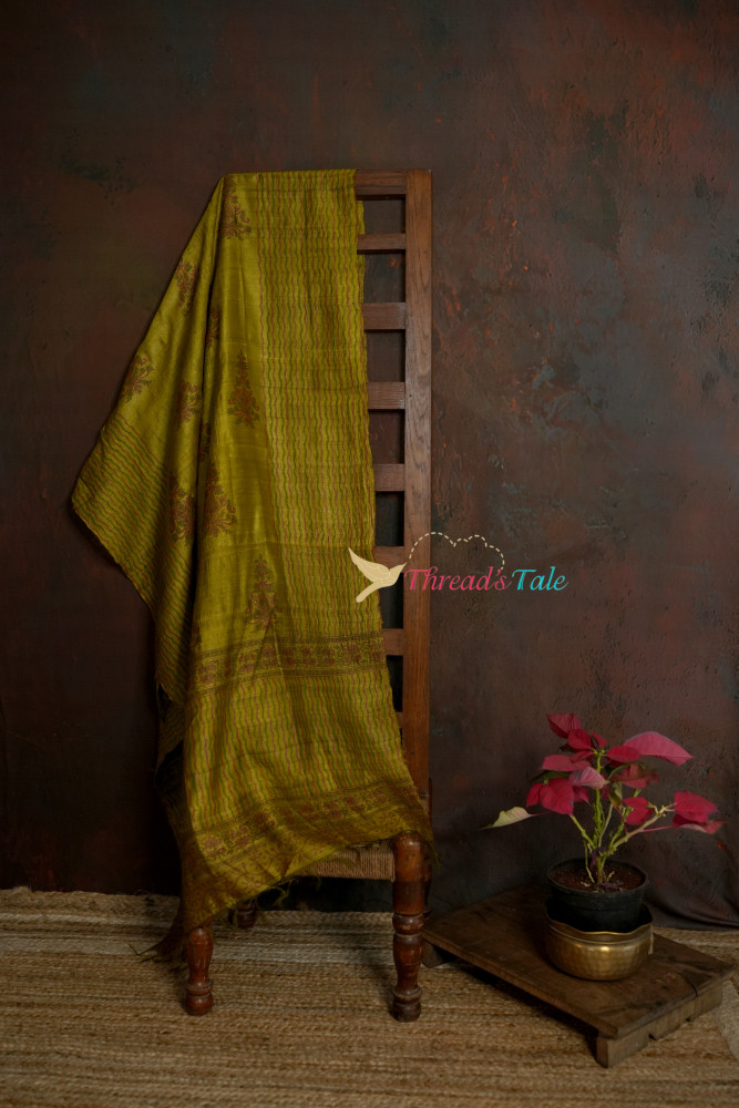 Image of Mustard Yellow Tussar Hand Block-Printed Dupatta