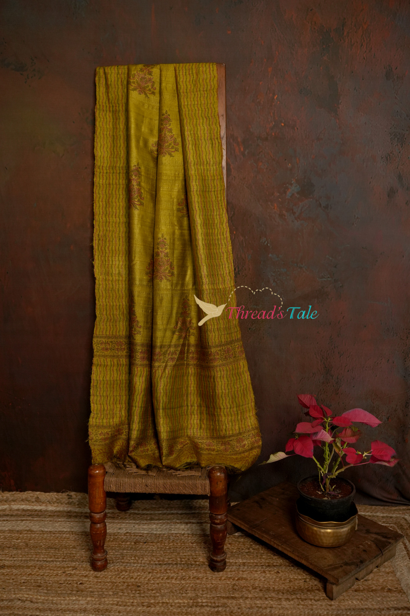 Mustard Yellow Tussar Hand Block-Printed Dupatta