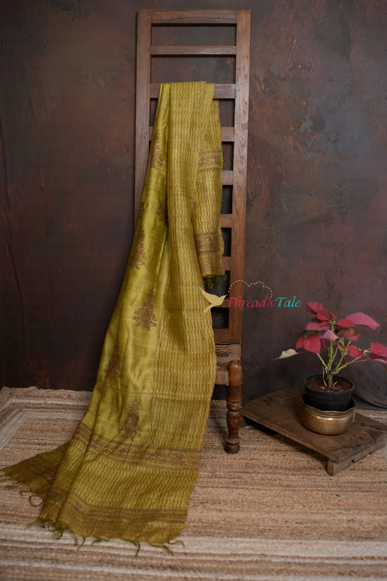 Mustard Yellow Tussar Hand Block-Printed Dupatta