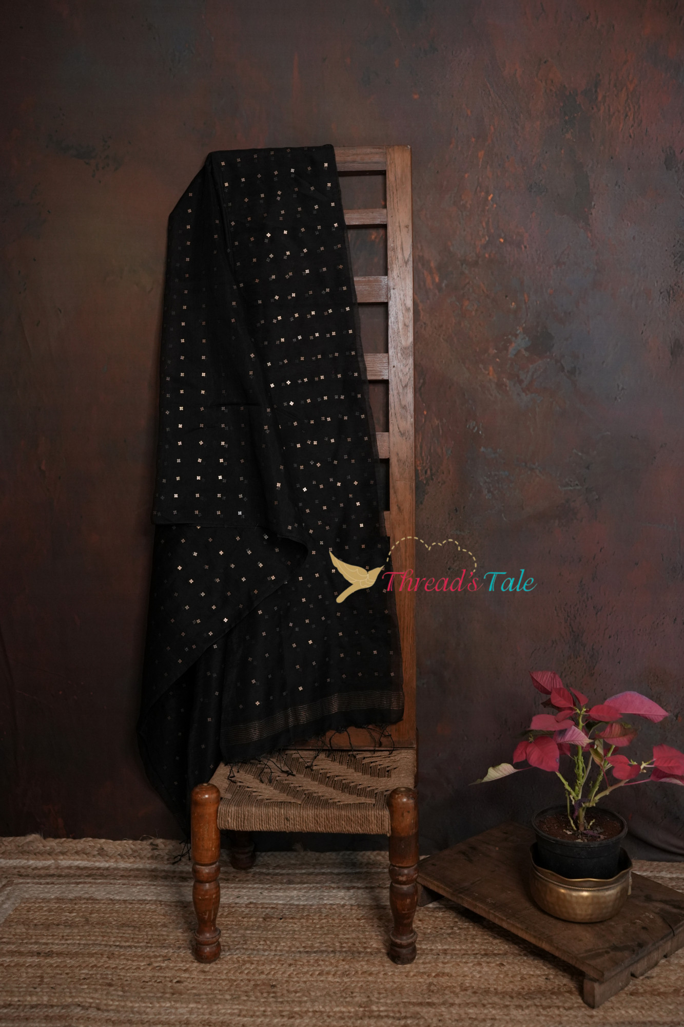 Black Silk-Cotton Handwoven Dupatta With Sequins