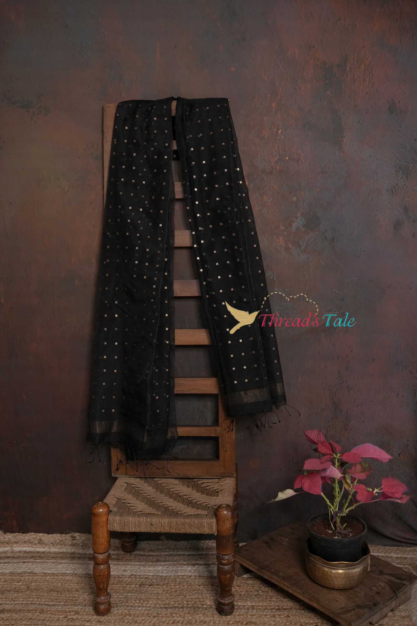 Black Silk-Cotton Handwoven Dupatta With Sequins