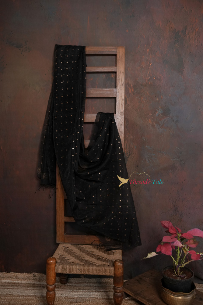 Image of Black Silk-Cotton Handwoven Dupatta With Sequins