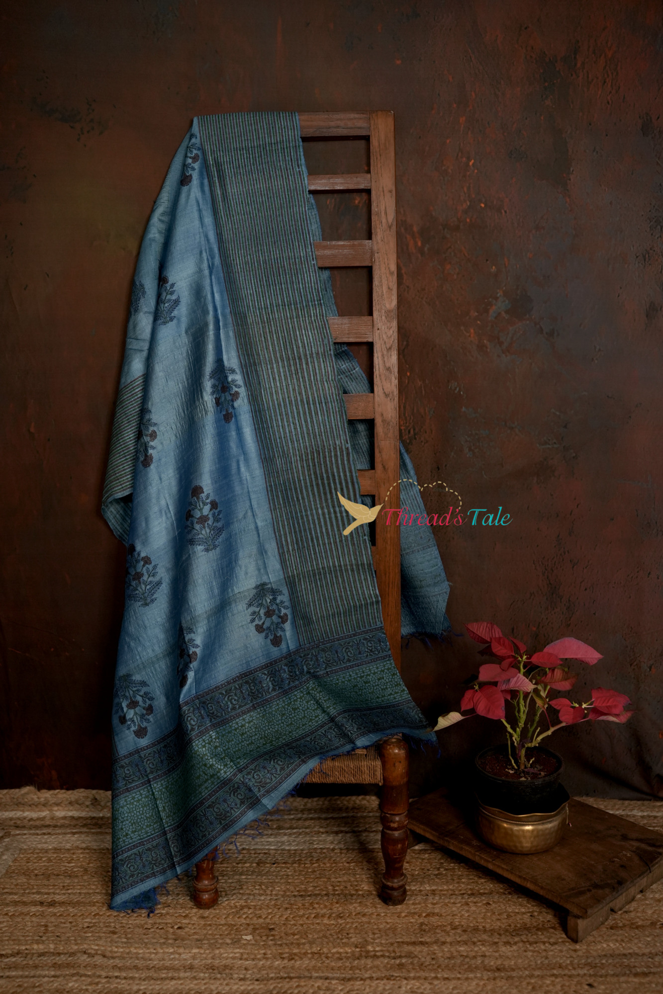 Blue Tussar Hand Block-Printed Dupatta