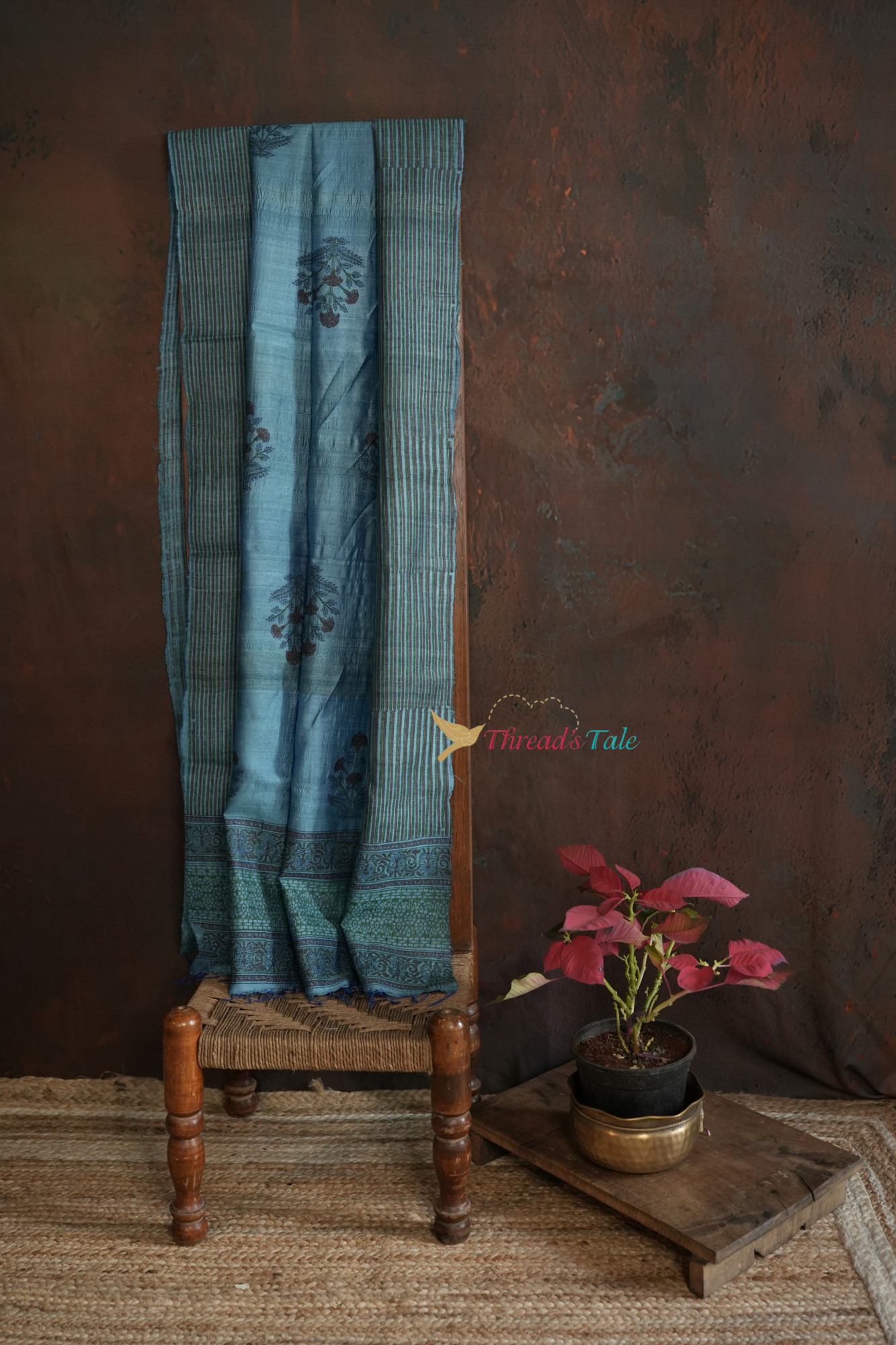 Blue Tussar Hand Block-Printed Dupatta