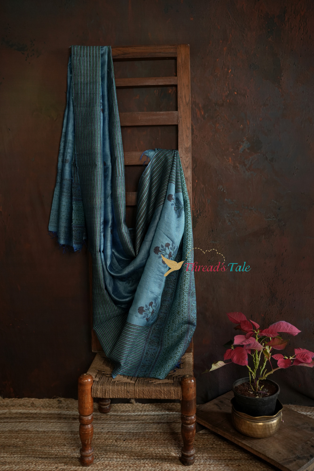 Blue Tussar Hand Block-Printed Dupatta