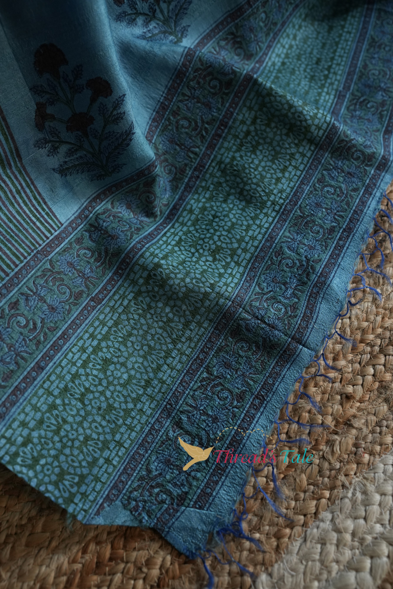 Blue Tussar Hand Block-Printed Dupatta