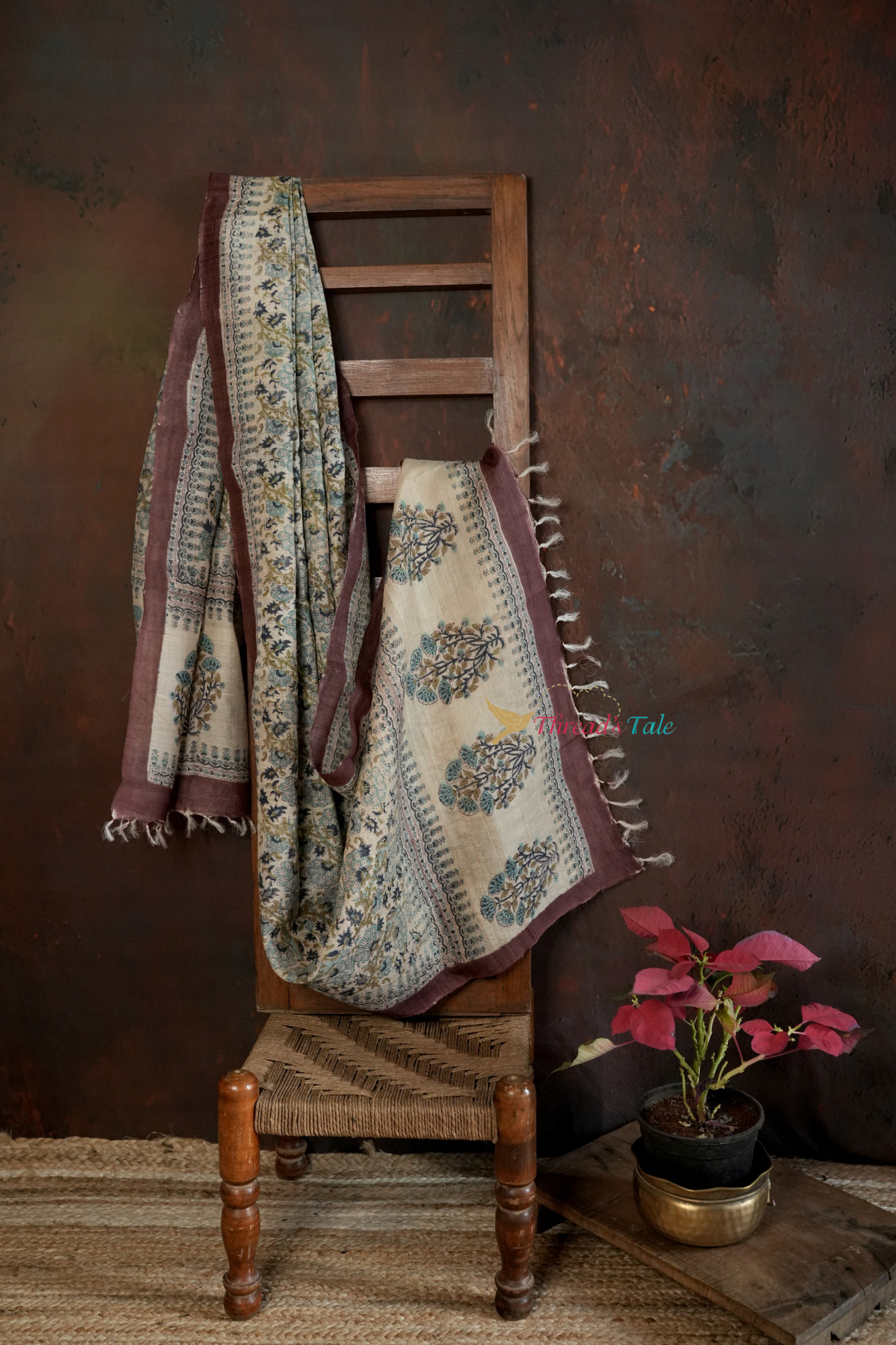 Beige And Maroon Tussar Hand Block-Printed Dupatta