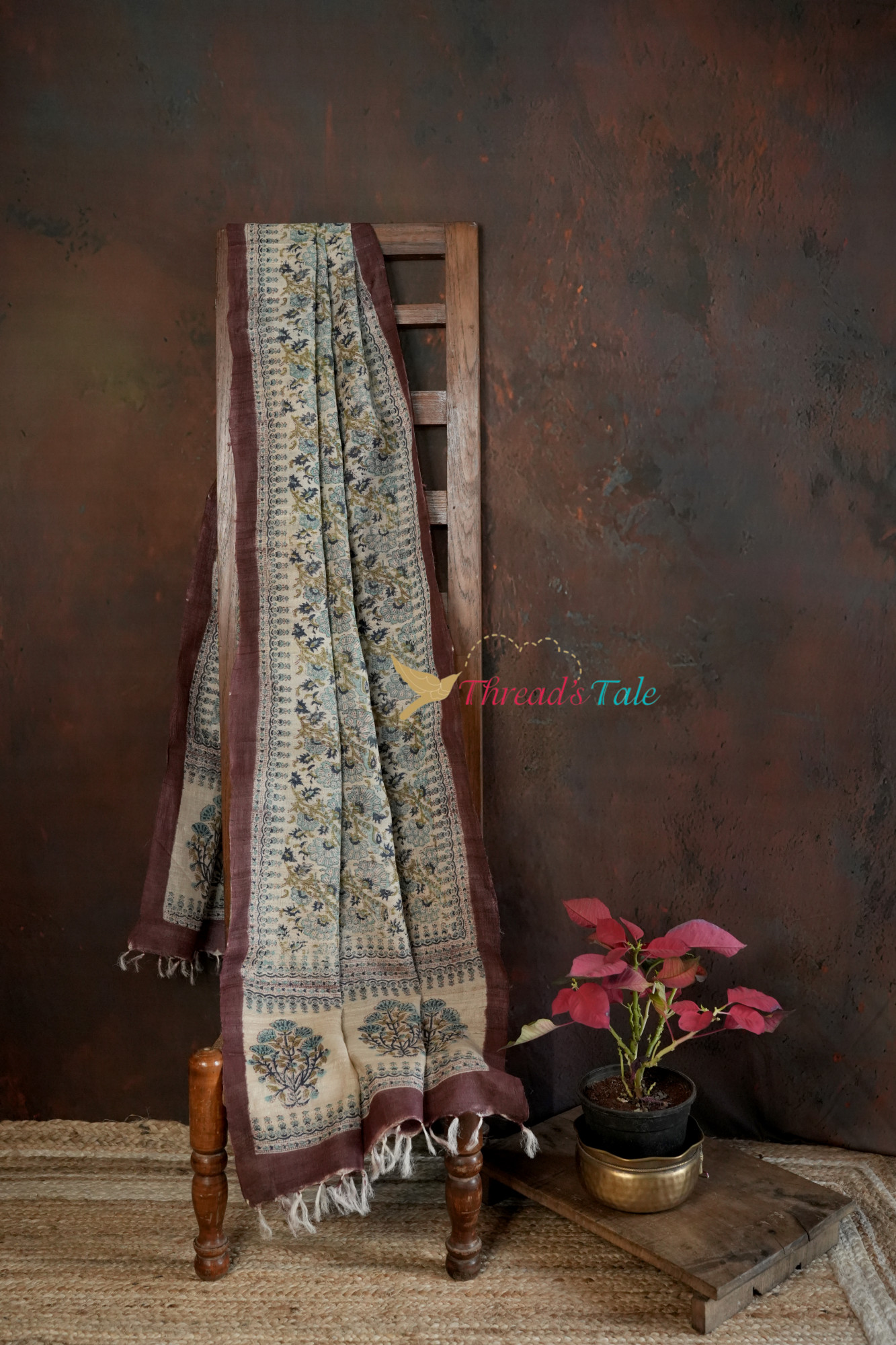 Beige And Maroon Tussar Hand Block-Printed Dupatta
