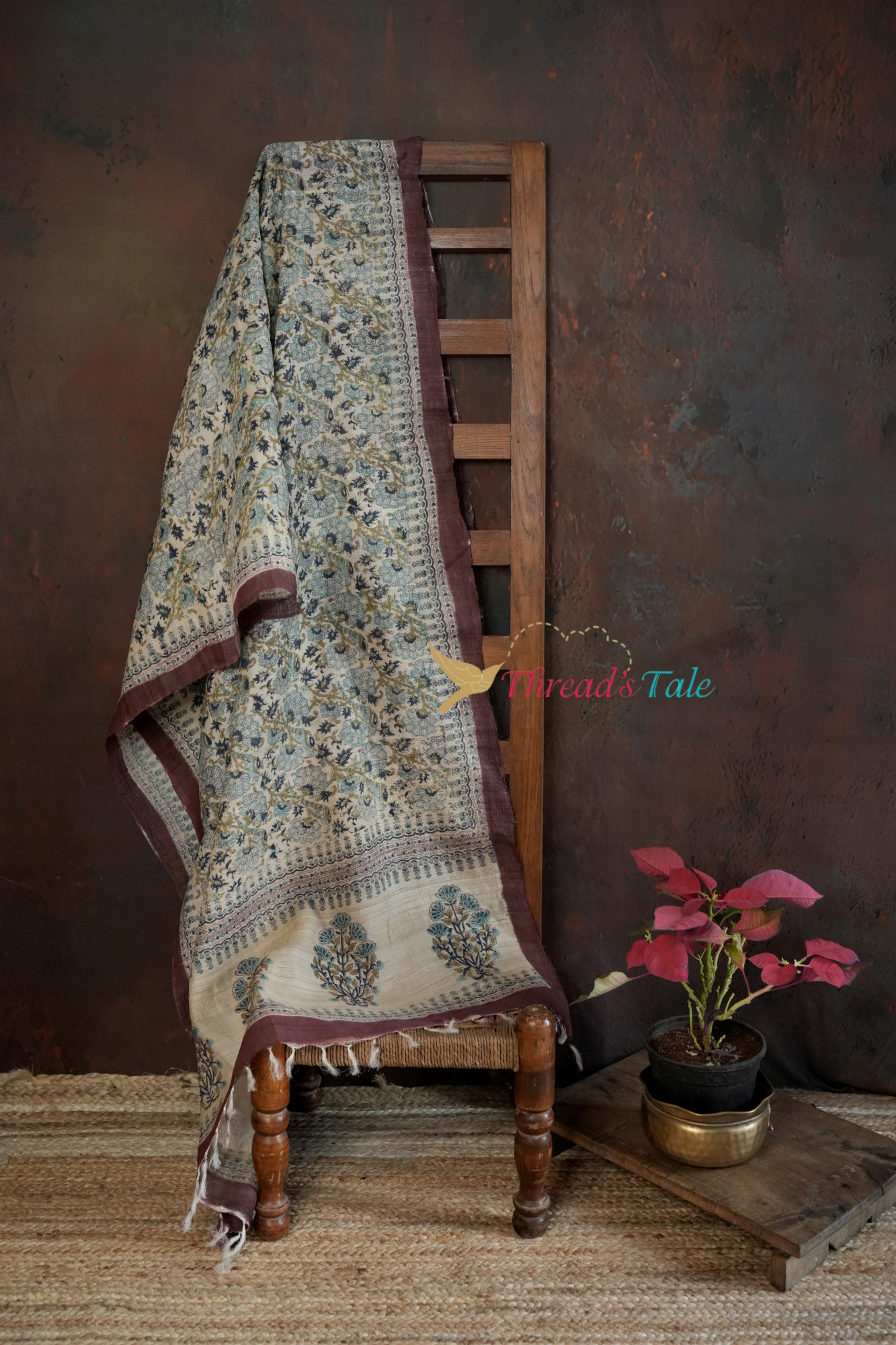 Beige And Maroon Tussar Hand Block-Printed Dupatta