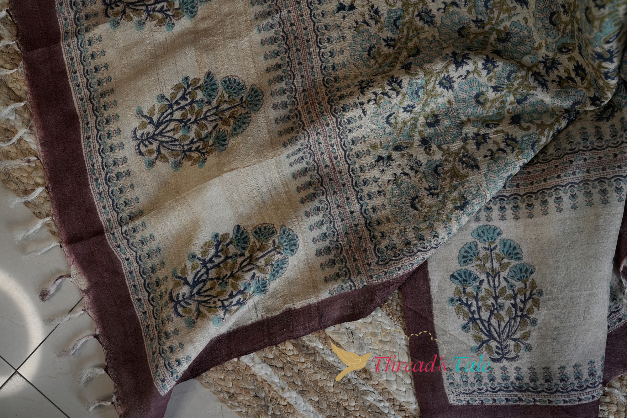 Beige And Maroon Tussar Hand Block-Printed Dupatta