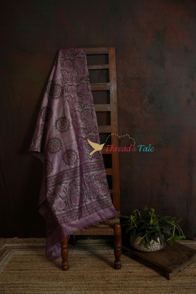 Image of Violet Tussar Hand Block-Printed Dupatta