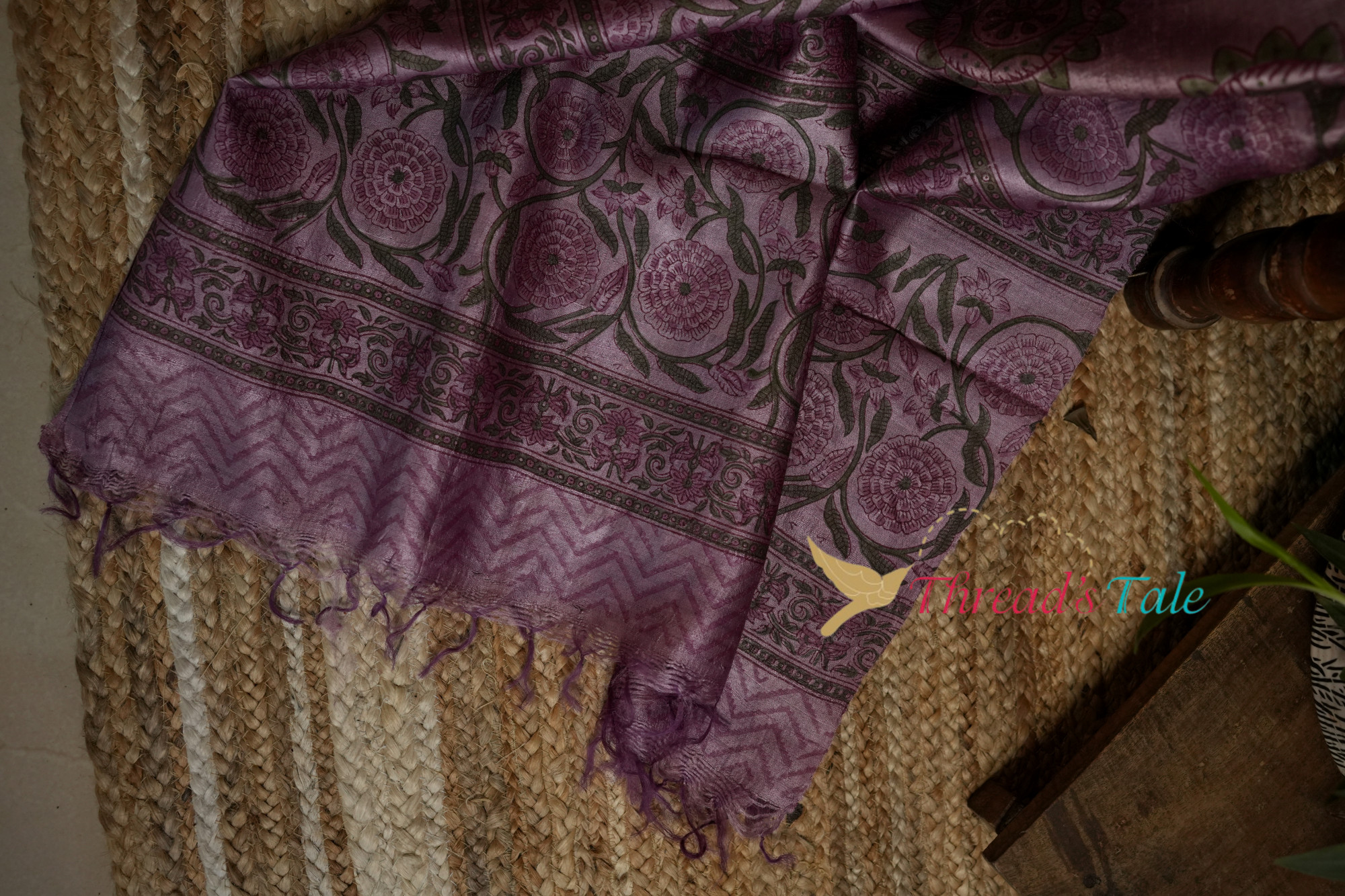 Violet Tussar Hand Block-Printed Dupatta