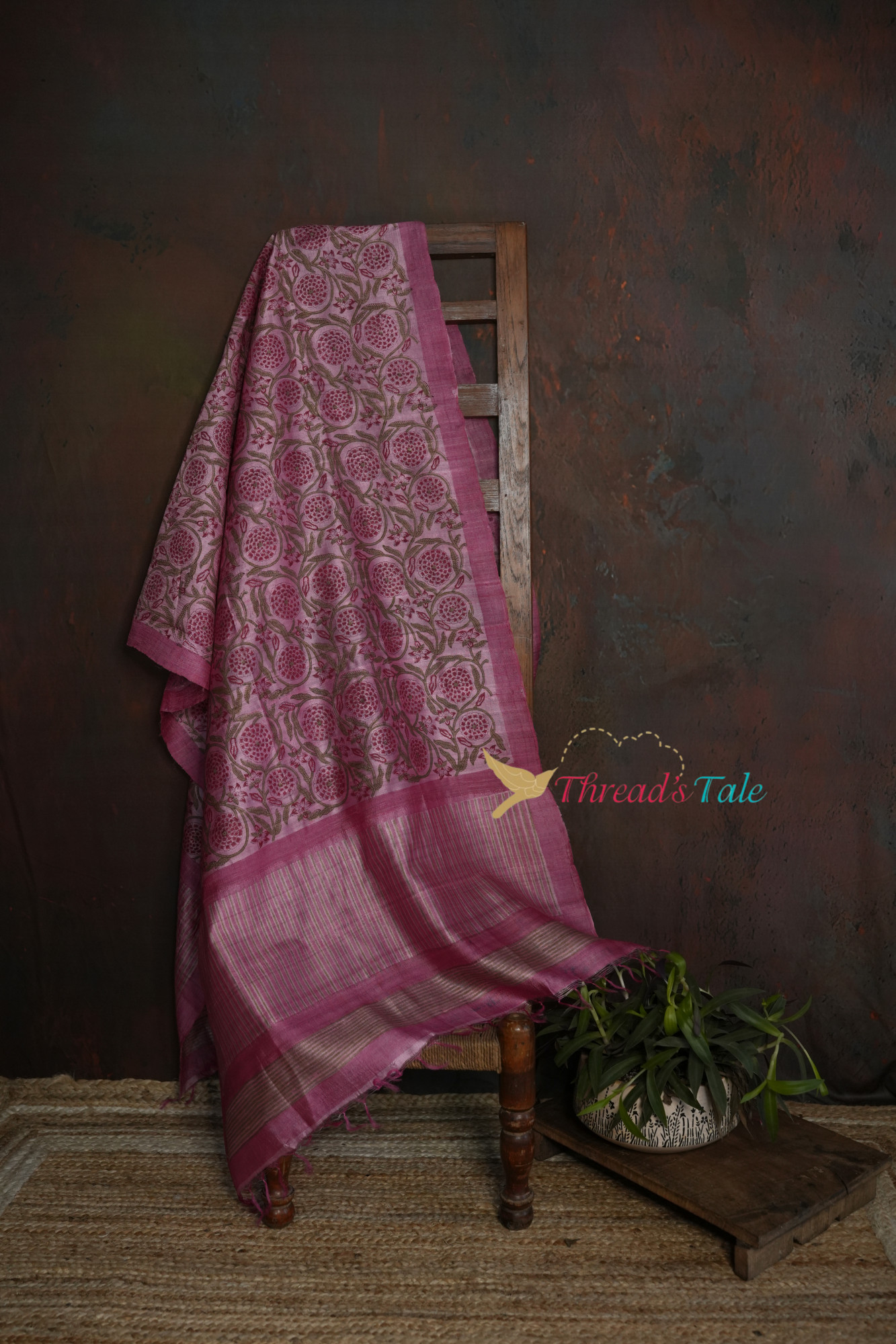 Pink Tussar Hand Block-Printed Dupatta