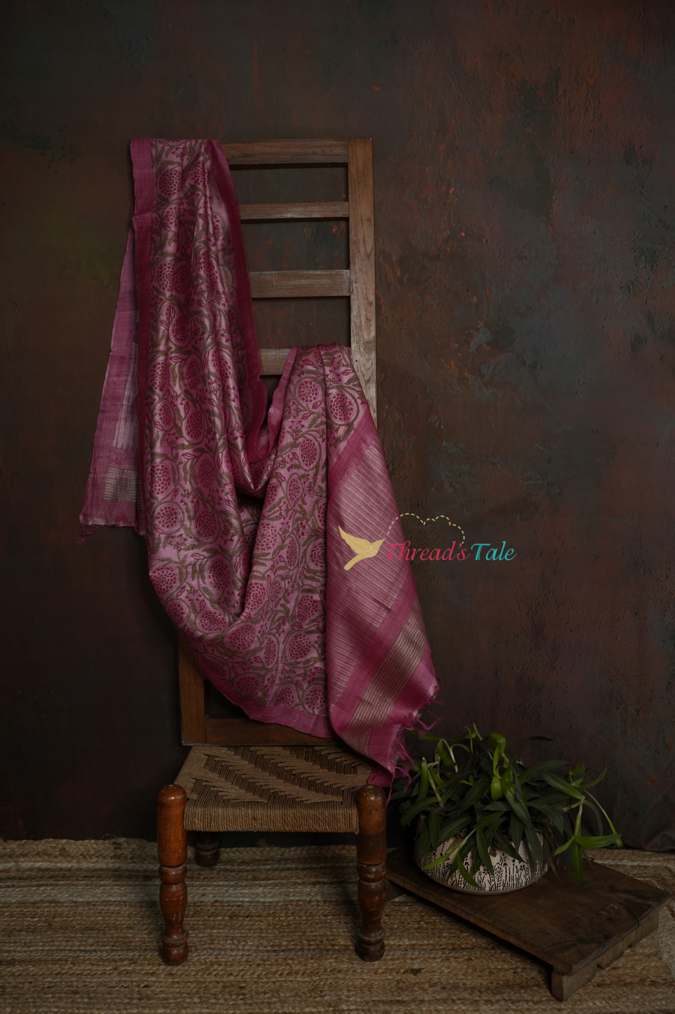 Pink Tussar Hand Block-Printed Dupatta