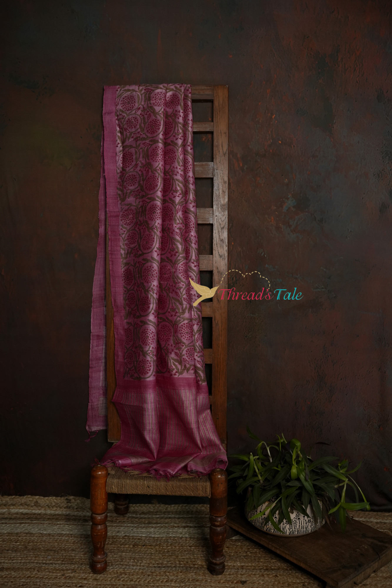 Pink Tussar Hand Block-Printed Dupatta