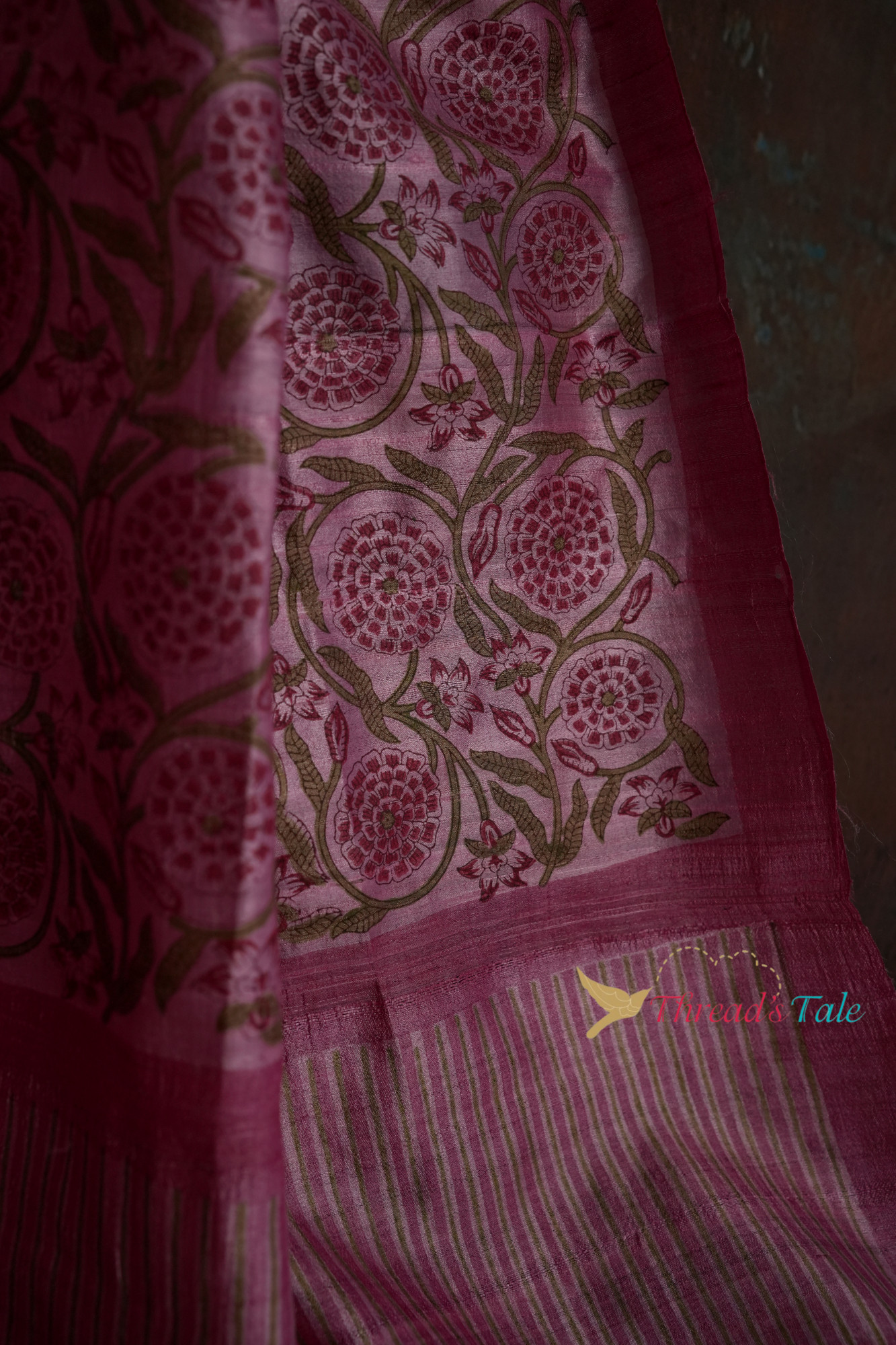 Pink Tussar Hand Block-Printed Dupatta