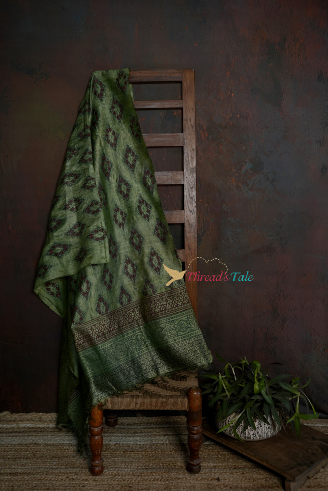 Image of Green Tussar Hand Block-Printed Dupatta