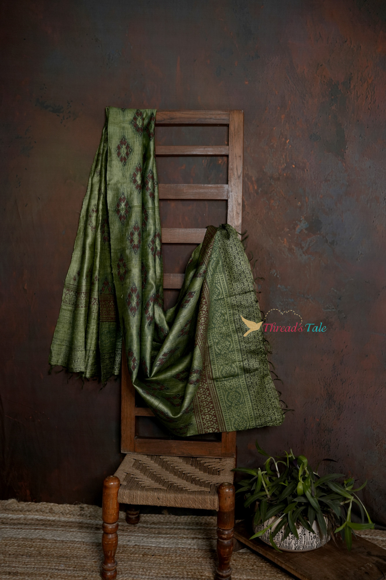 Green Tussar Hand Block-Printed Dupatta