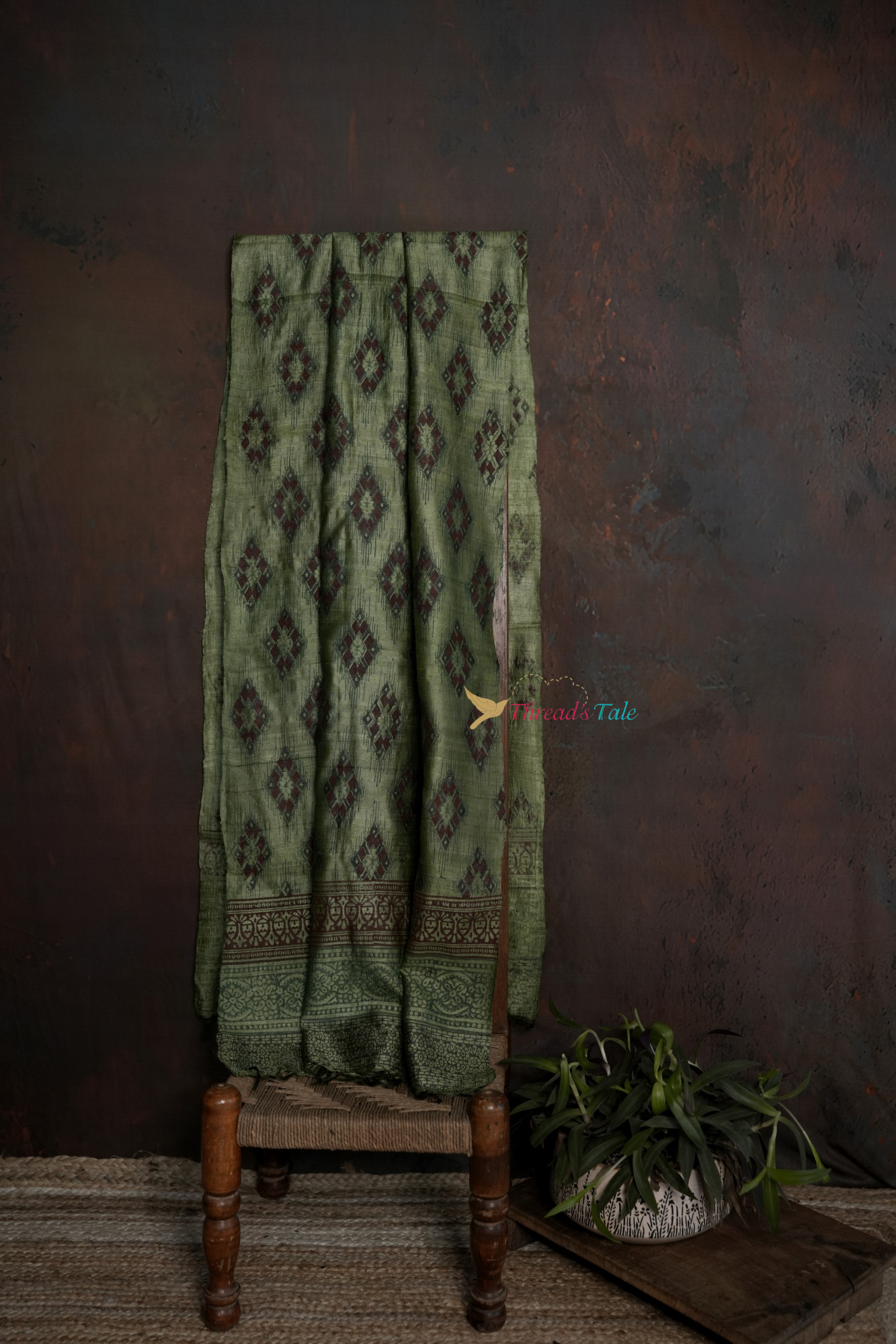 Green Tussar Hand Block-Printed Dupatta