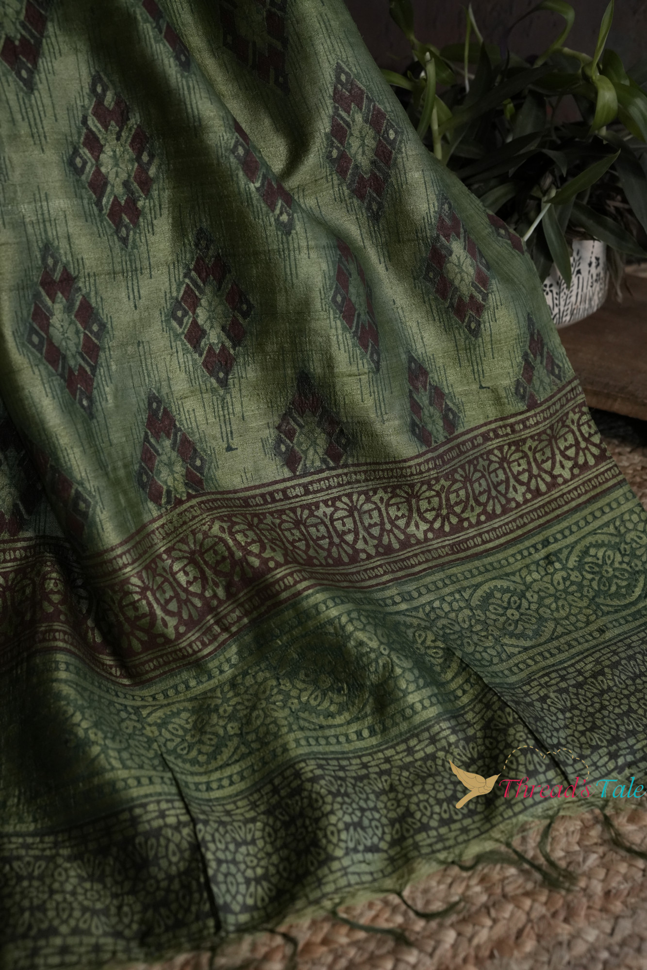 Green Tussar Hand Block-Printed Dupatta
