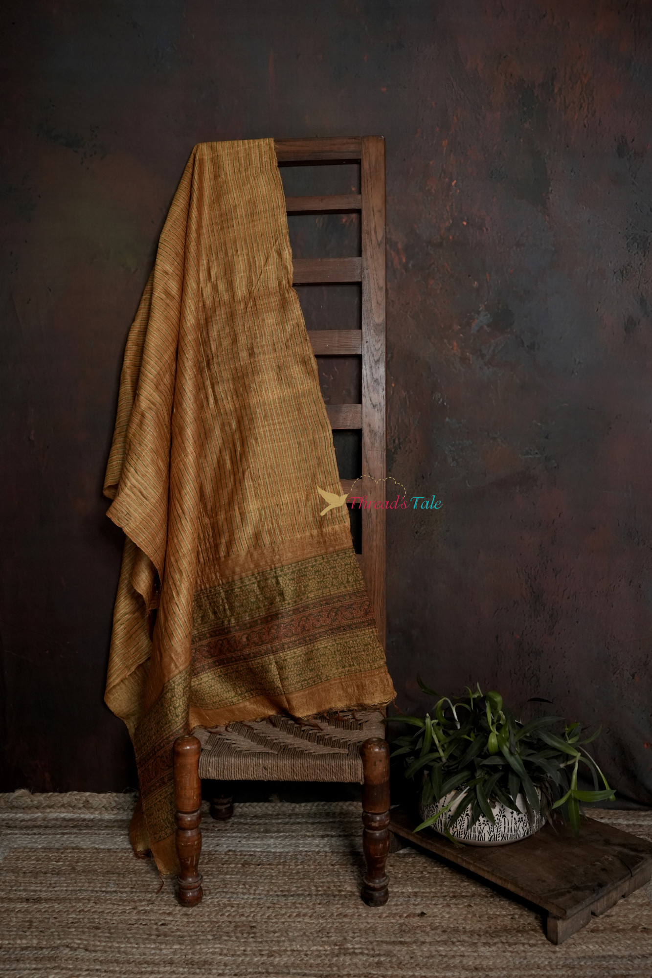 Mustard Brown Tussar Hand Block-Printed Dupatta