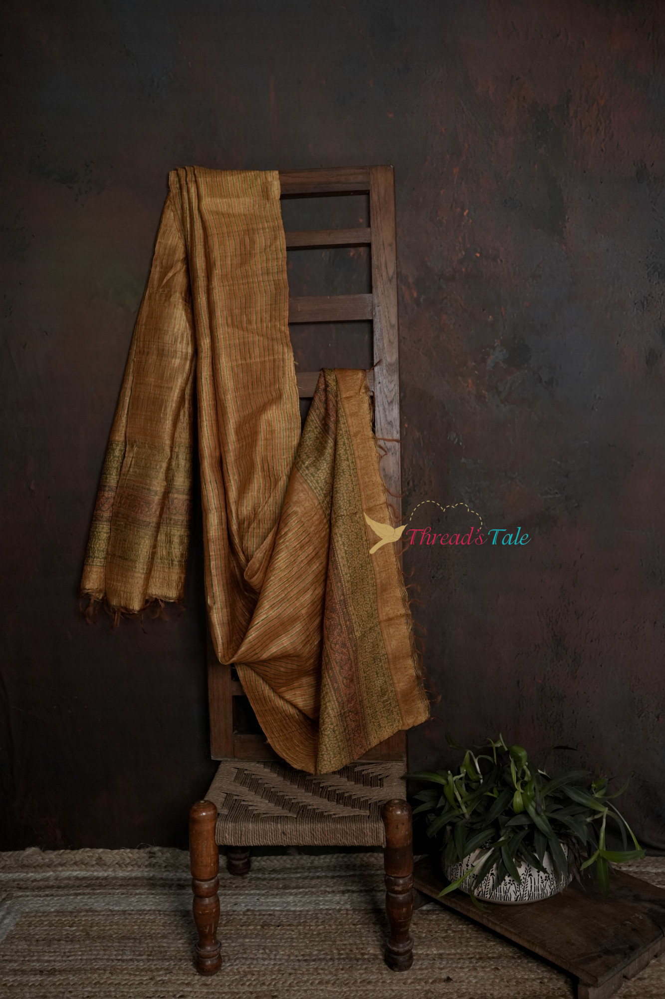 Mustard Brown Tussar Hand Block-Printed Dupatta