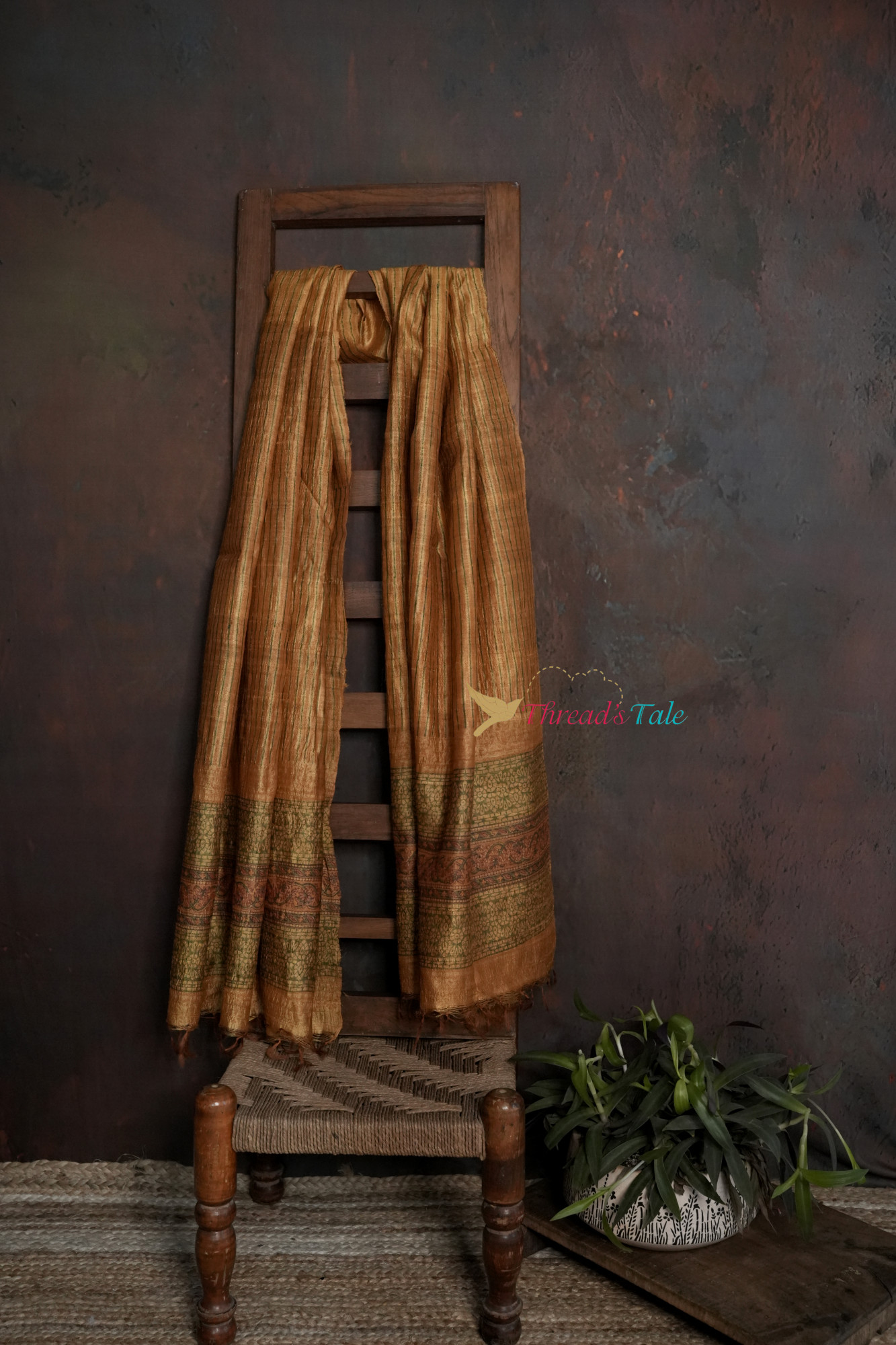 Mustard Brown Tussar Hand Block-Printed Dupatta