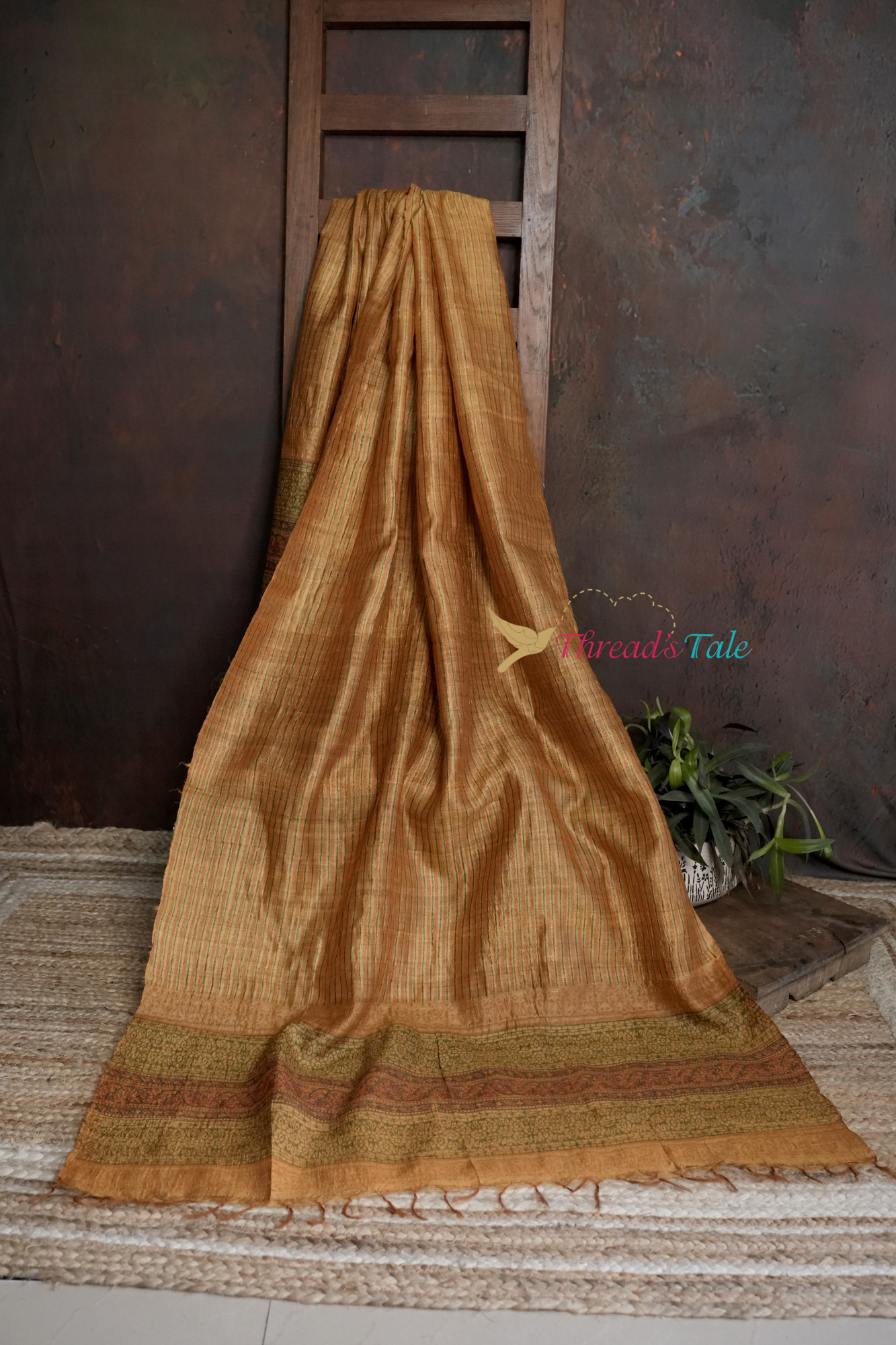Mustard Brown Tussar Hand Block-Printed Dupatta