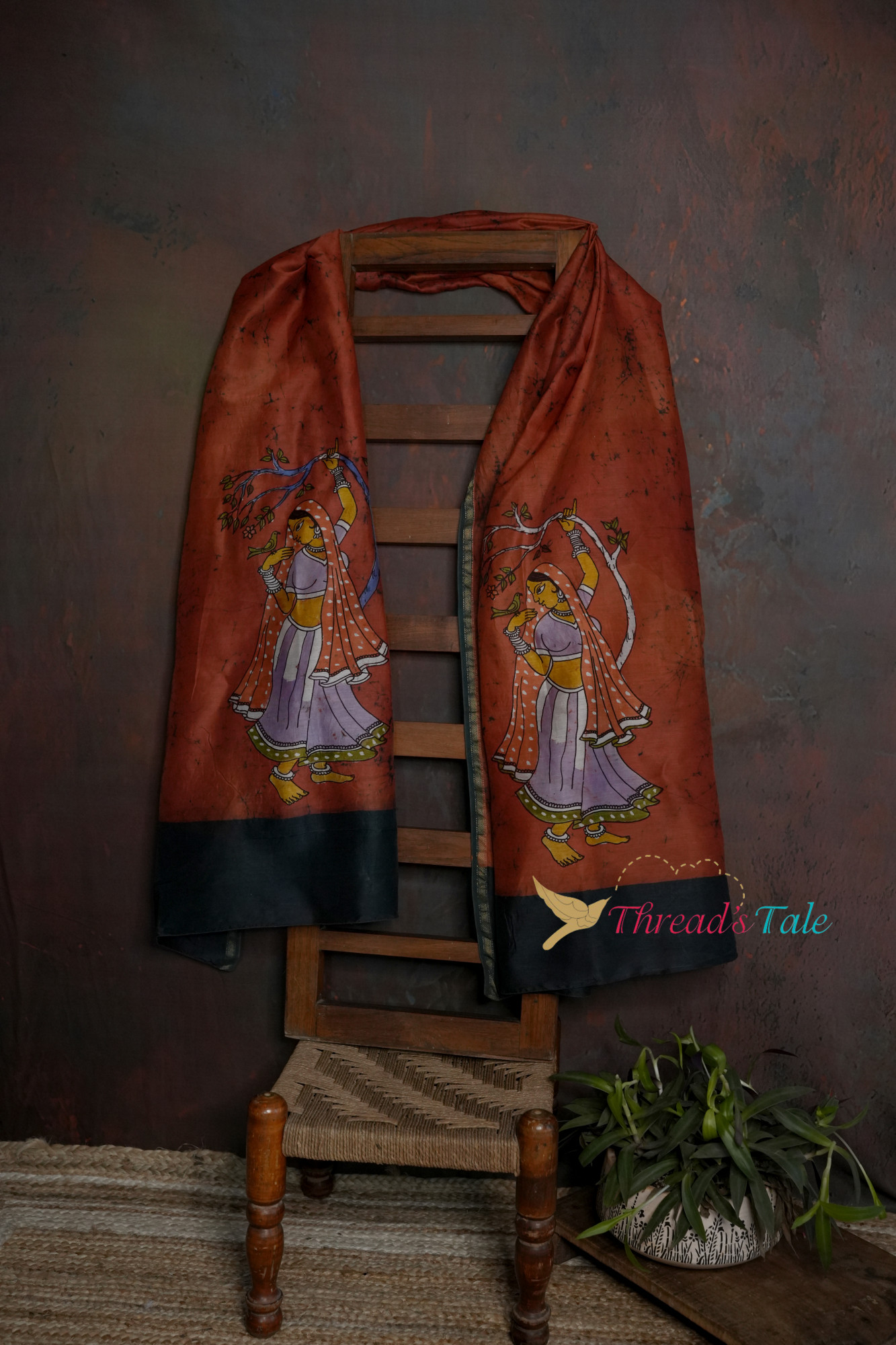 Rust Brown Hand Painted Batik Dupatta