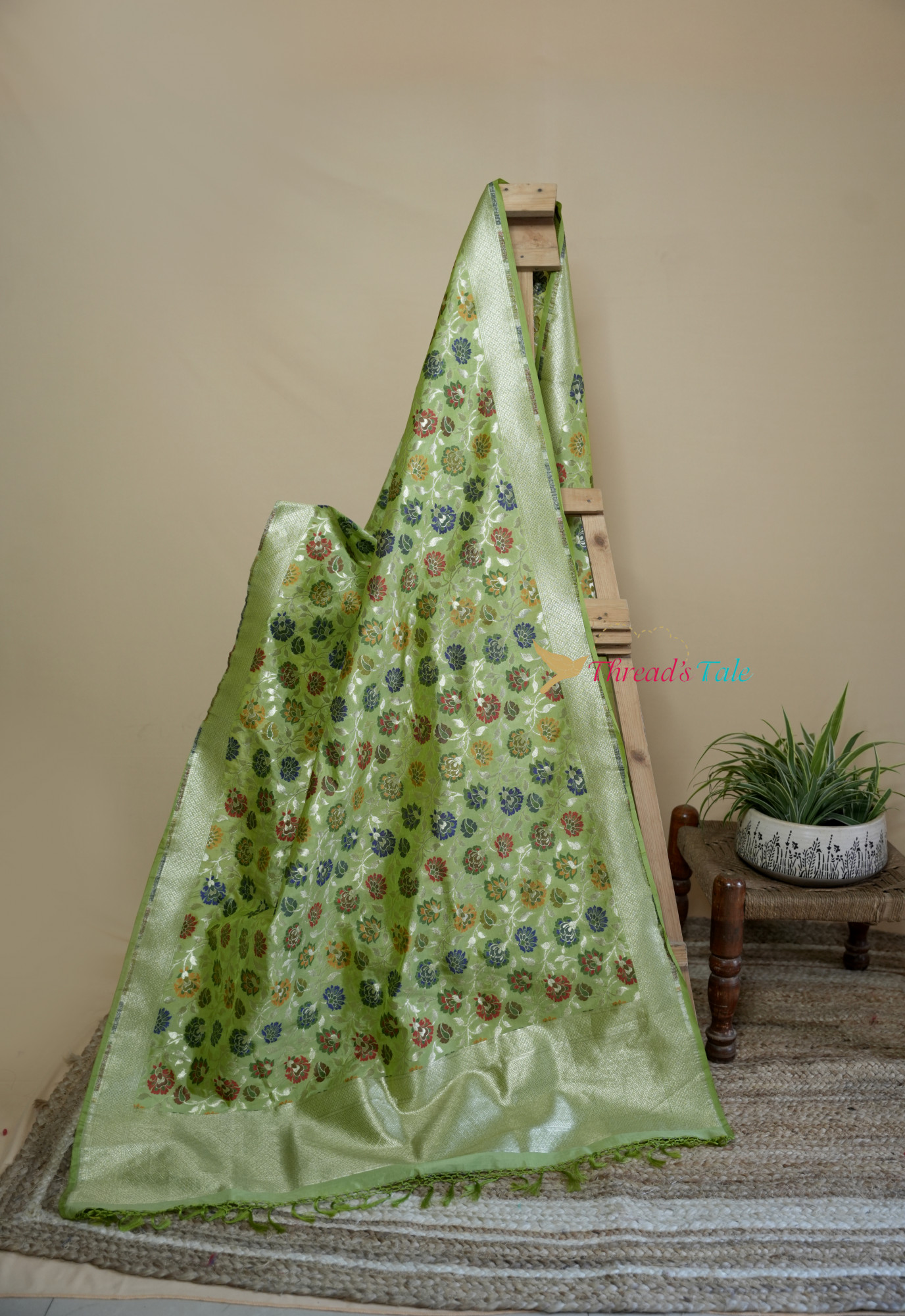 Pastel Green Pure Silk Dupatta With Multi Color Zari Motifs