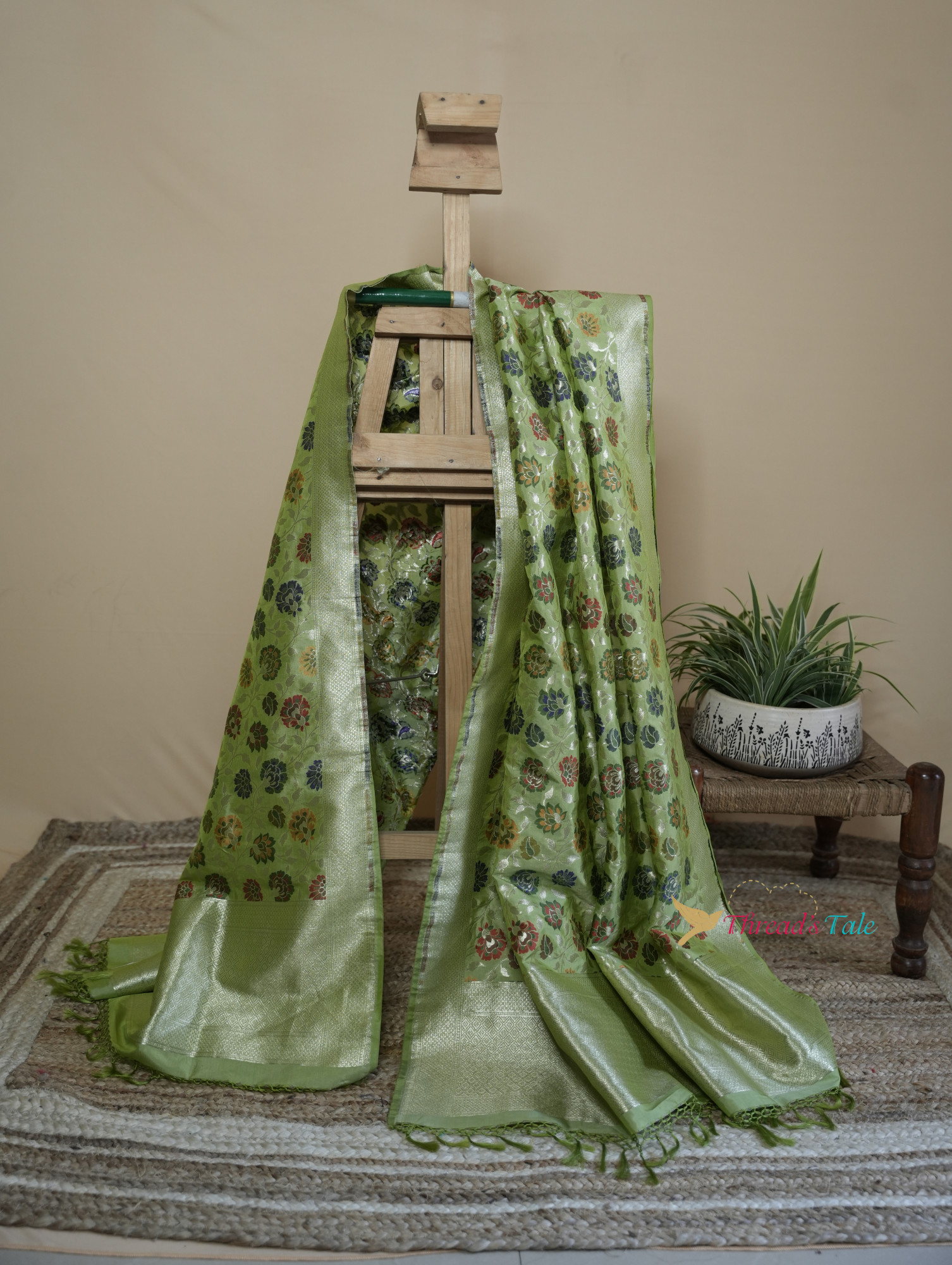 Pastel Green Pure Silk Dupatta With Multi Color Zari Motifs