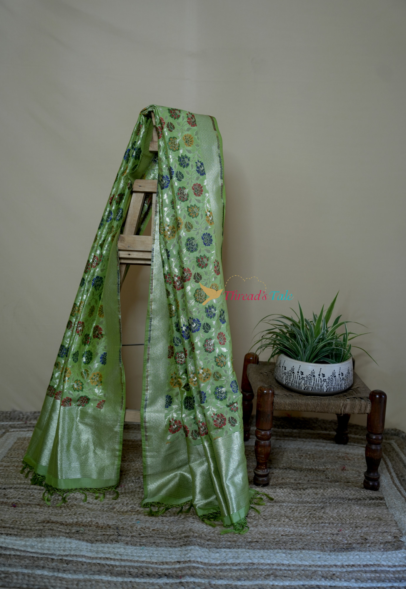 Pastel Green Pure Silk Dupatta With Multi Color Zari Motifs