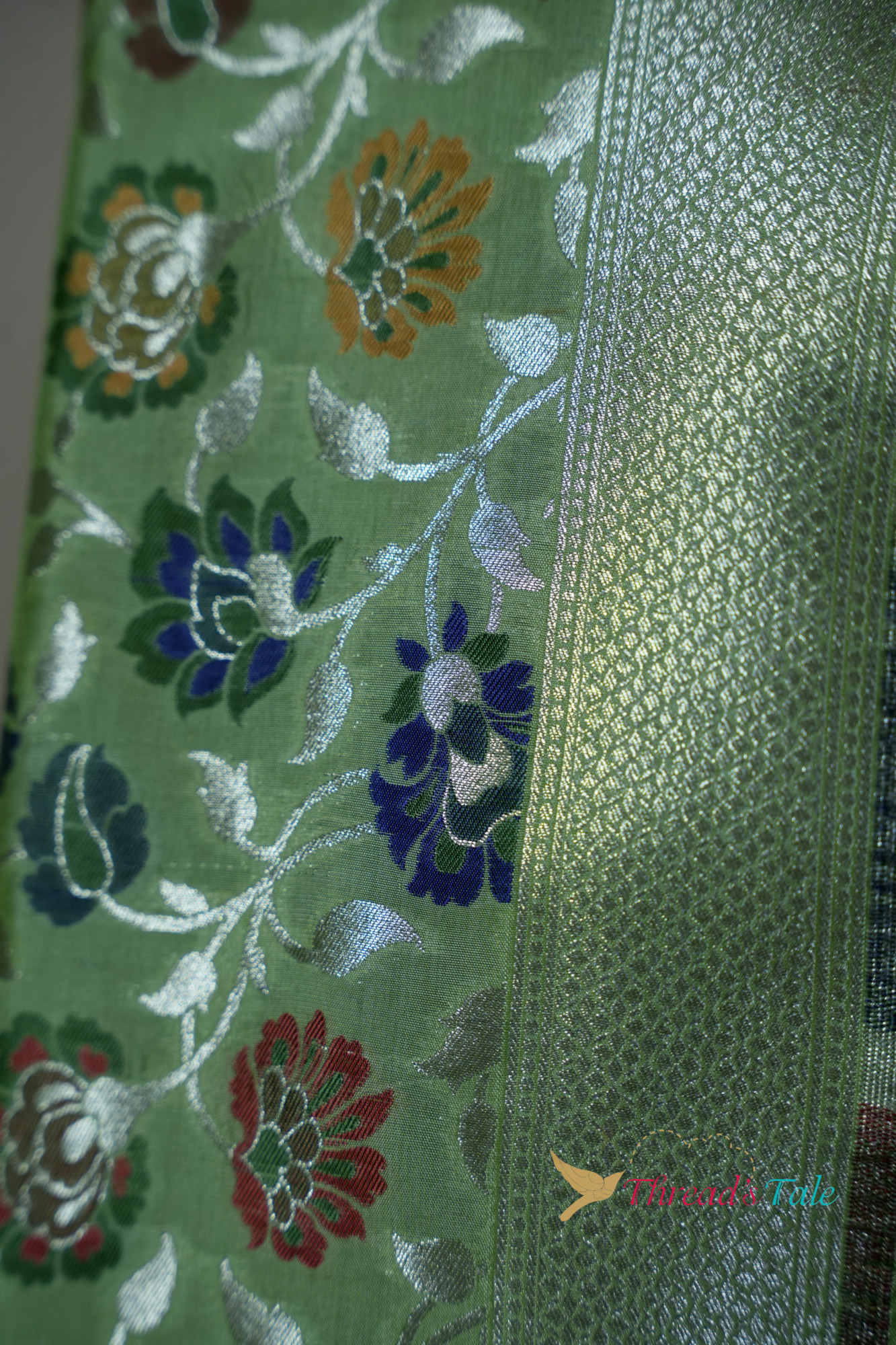 Pastel Green Pure Silk Dupatta With Multi Color Zari Motifs