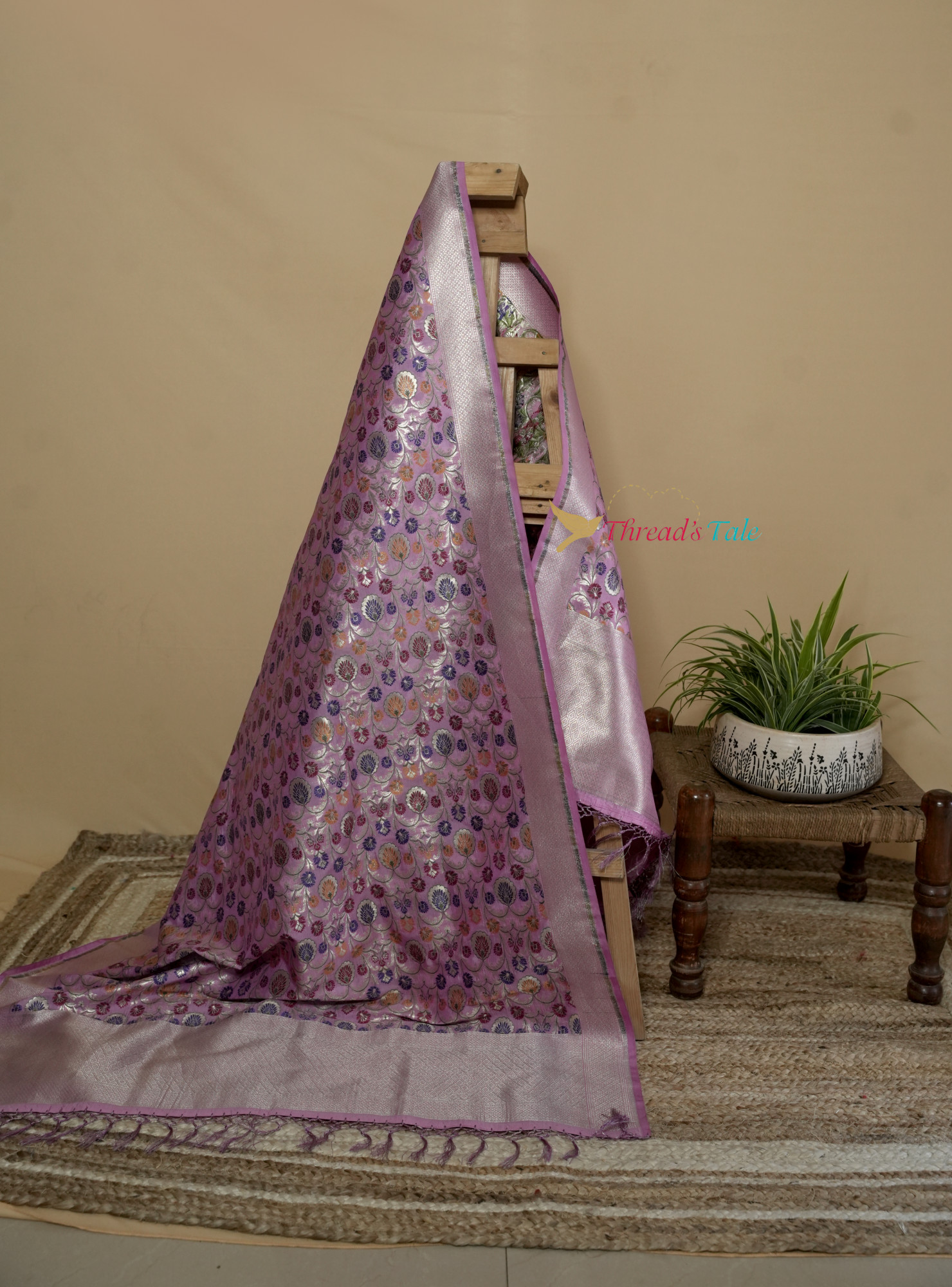 Onion Pink Pure Silk Dupatta Multi Colored Zari Motifs