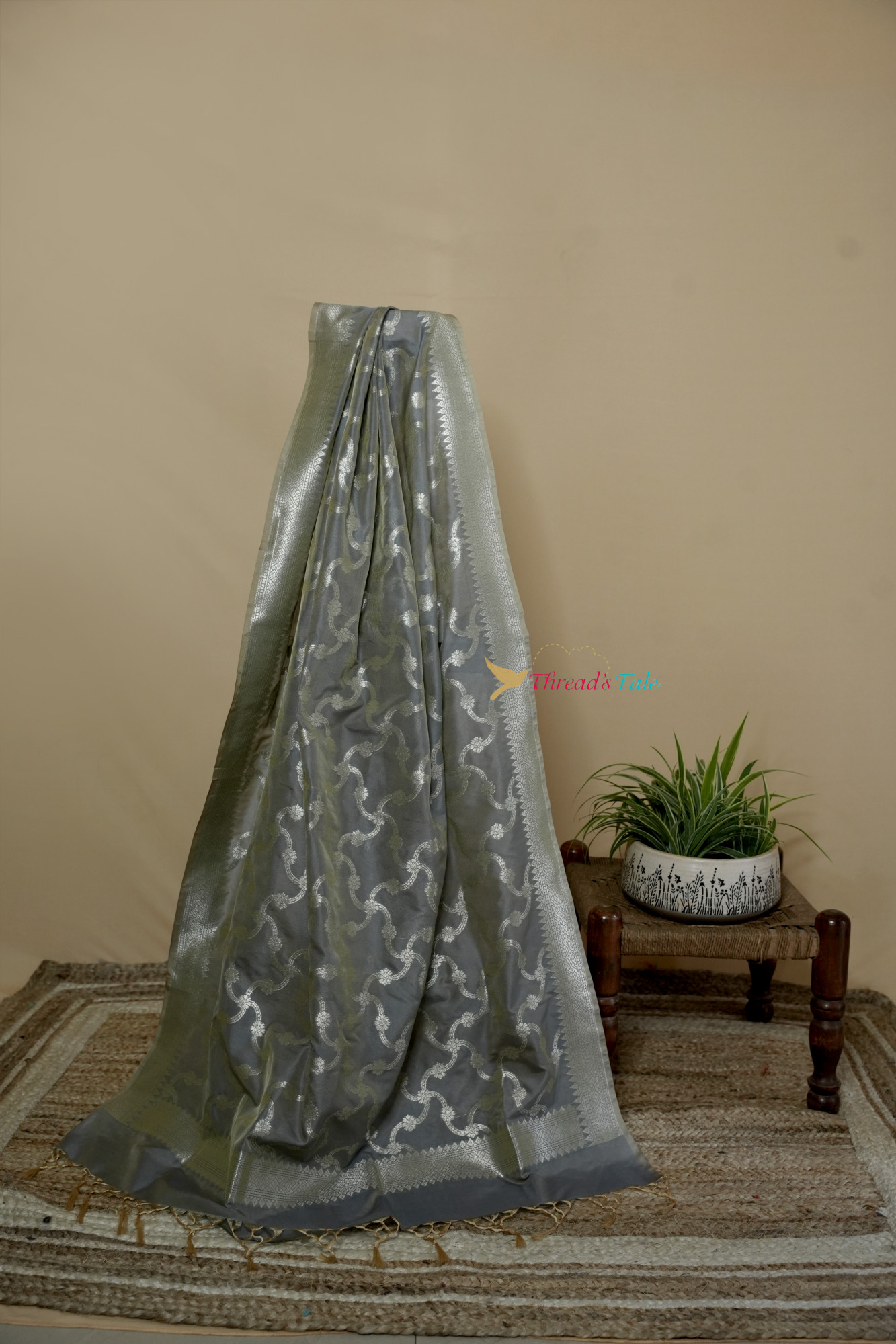 English Grey Pure Silk Dupatta With Zari Motifs All over