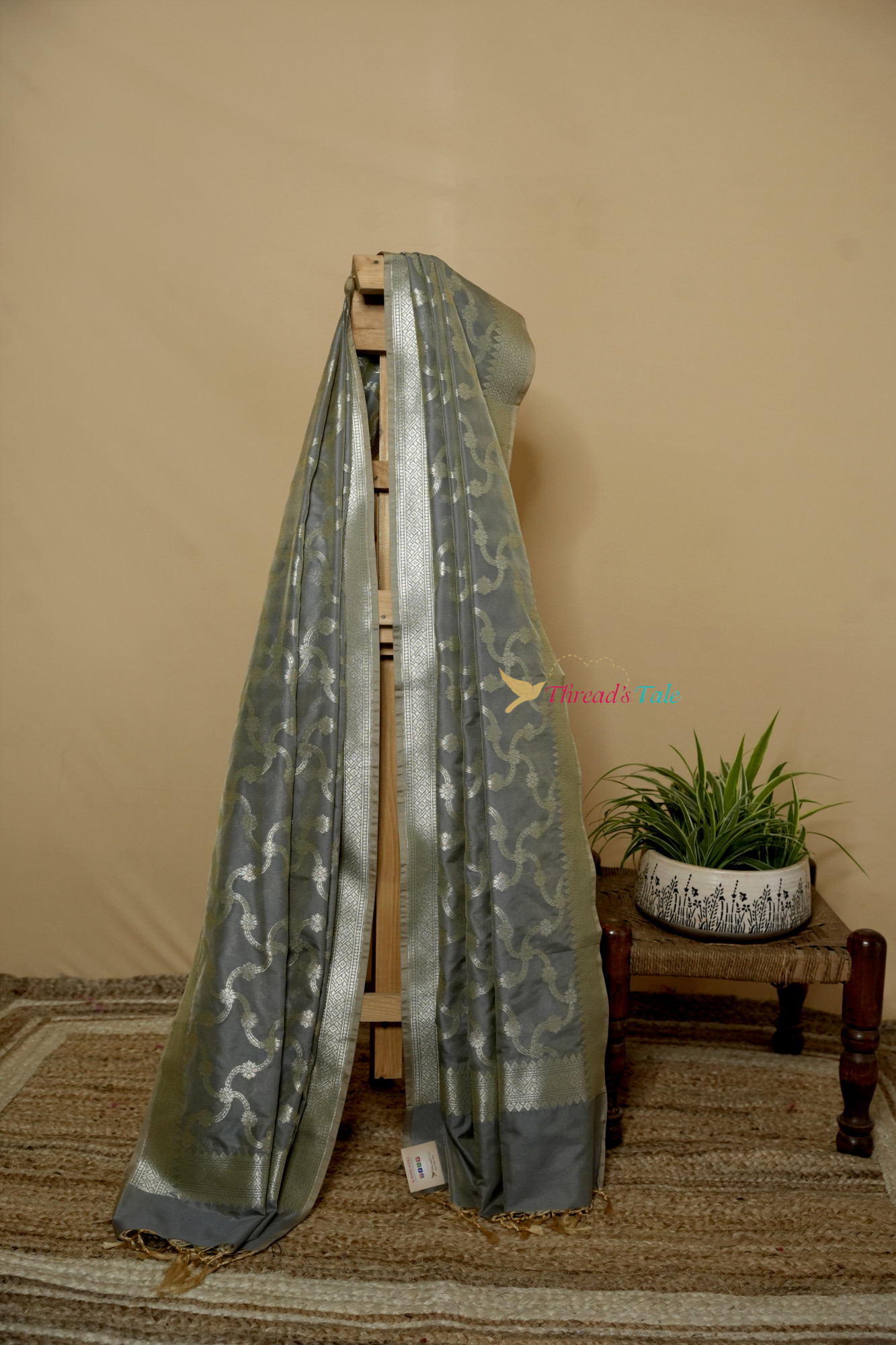 English Grey Pure Silk Dupatta With Zari Motifs All over
