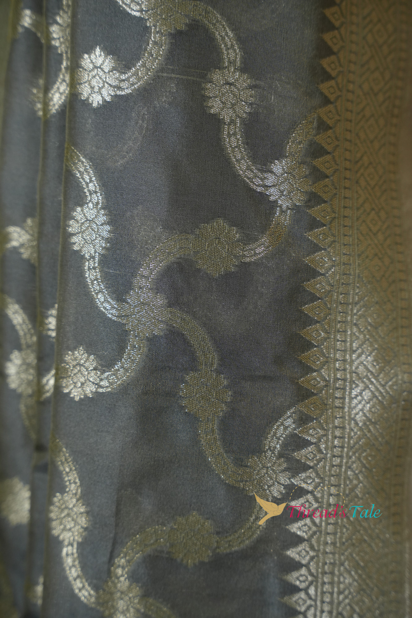 English Grey Pure Silk Dupatta With Zari Motifs All over